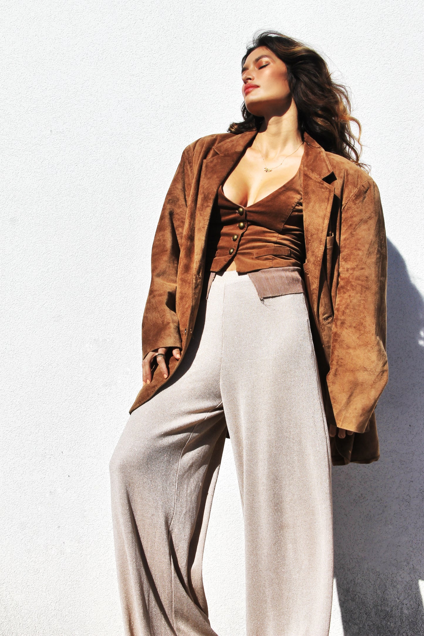 LOWKEY LUXE oversized + suede blazer, size 44R (fits like an XL) *GENUINE LEATHER >> caramel