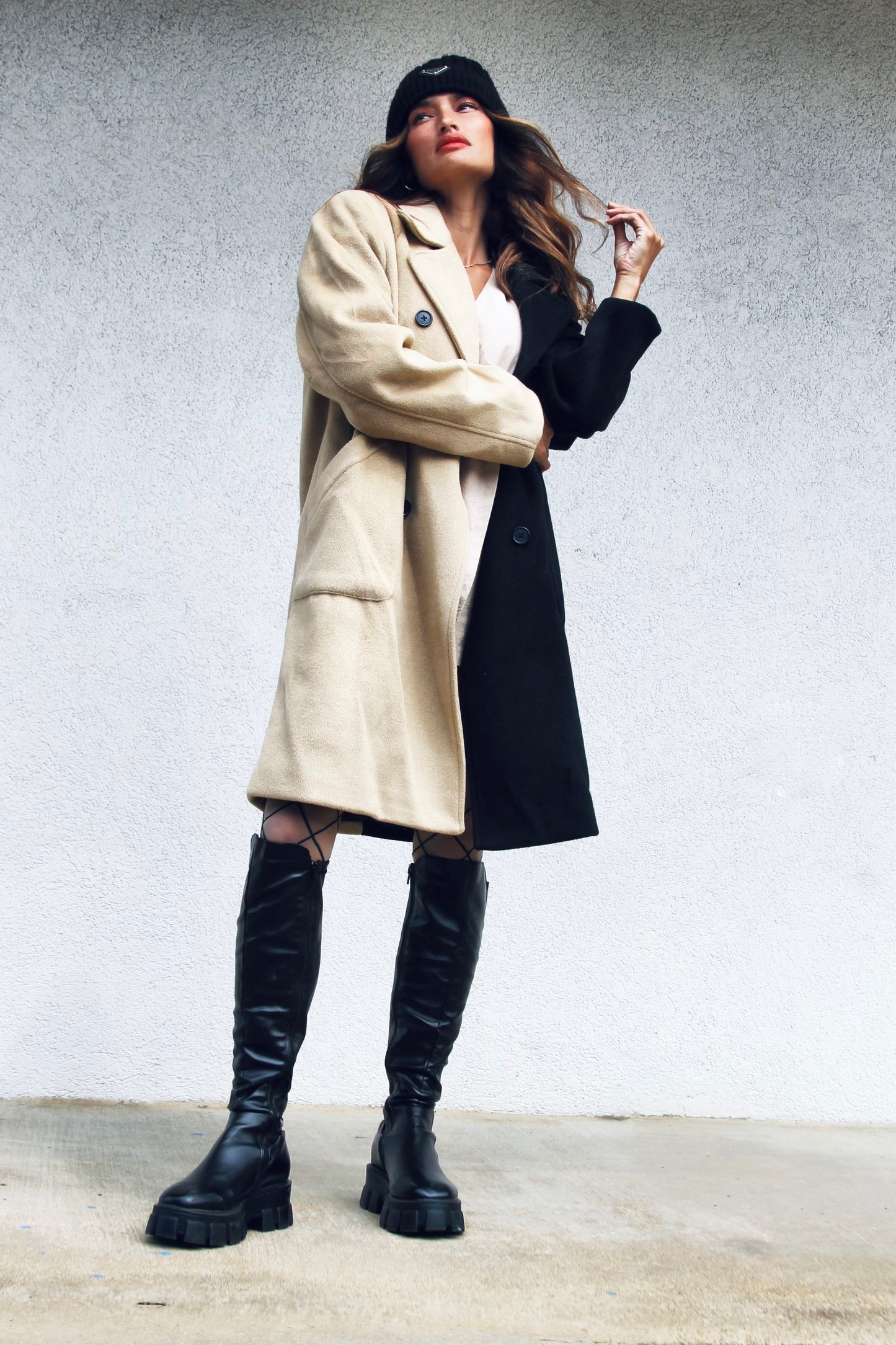 DOUBLE TROUBLE color block overcoat, size L/XL >> camel + black