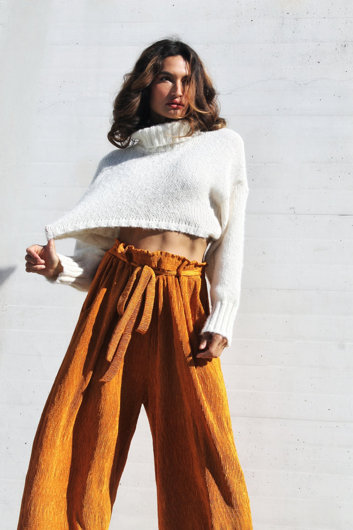 INNER LIGHT wide leg + high waist pants, large >>amber glow