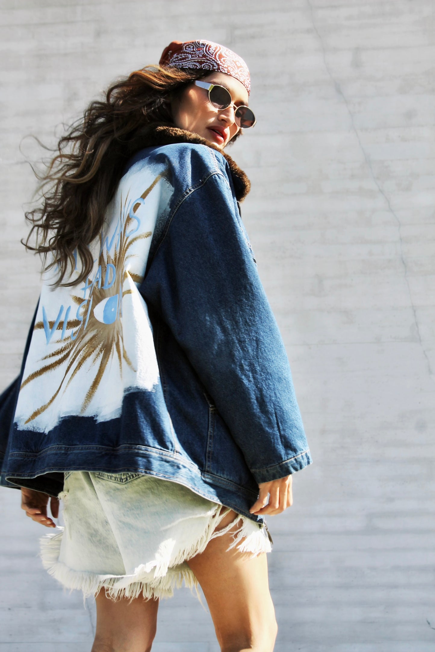 ALWAYS HAD A VISION hand painted denim jacket, men’s medium *FOXY FABLE ORIGINAL + VINTAGE* >> dark wash