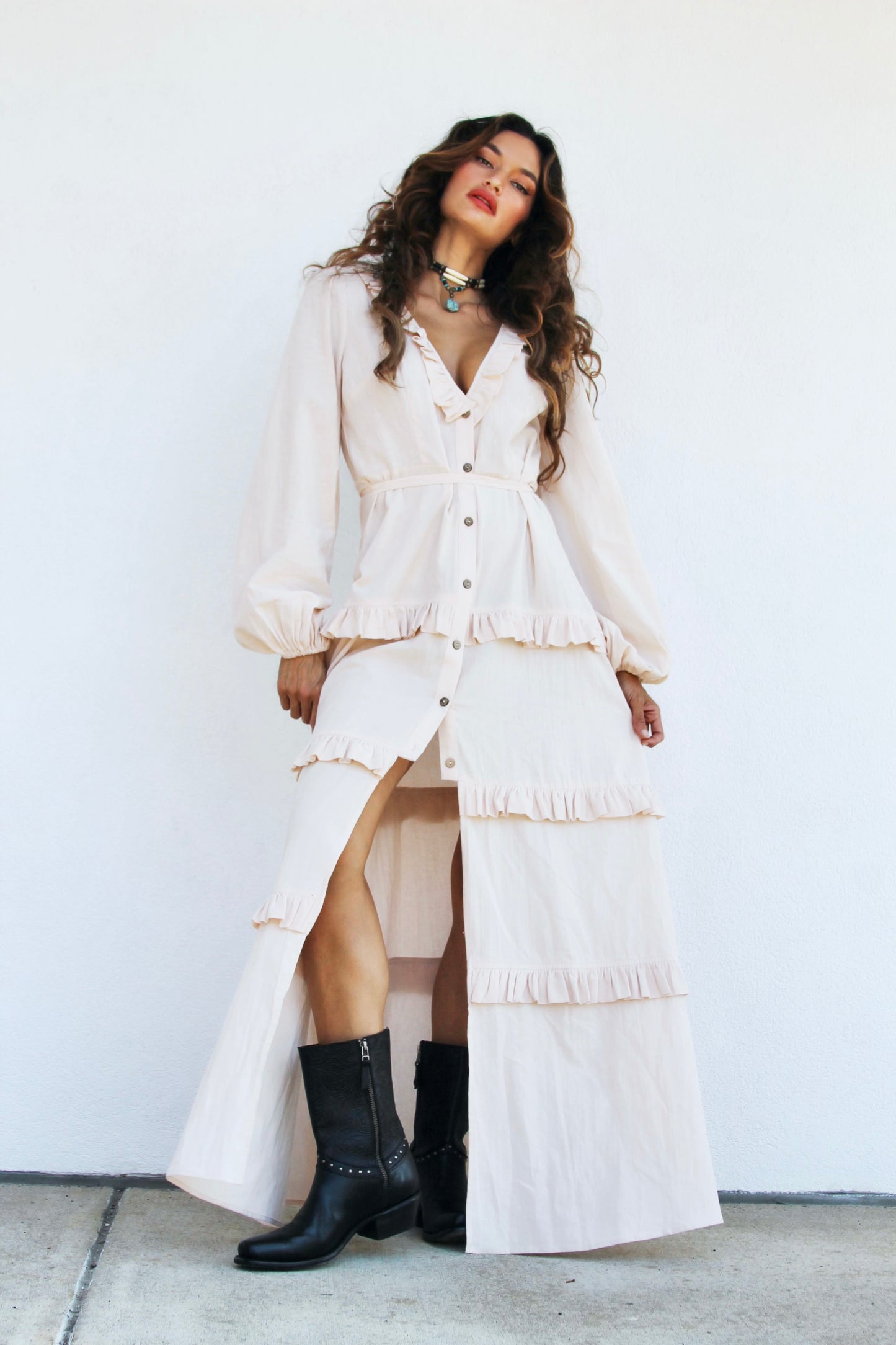 DREAM CATCHER linen maxi dress, medium >> sand