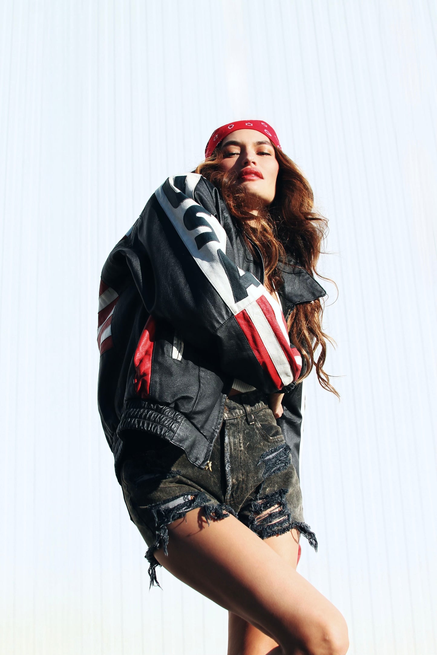 AMERICAN LIT leather American flag bomber jacket, large *VINTAGE + GENUINE LEATHER + ONE OF A KIND + FF EXCLUSIVE