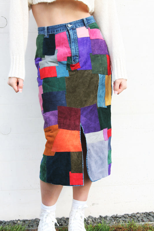 PUZZLE PIECE denim cargo skirt w/ colorful suede patchwork, size 10 *VINTAGE CALVIN KLEIN • ONE OF A KIND • GENUINE LEATHER*