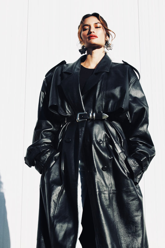 STAY FERAL ultimate oversized leather trench coat, 3X *TRUE VINTAGE + 100% GENUINE LEATHER + FOXY FAVE* >> jet black