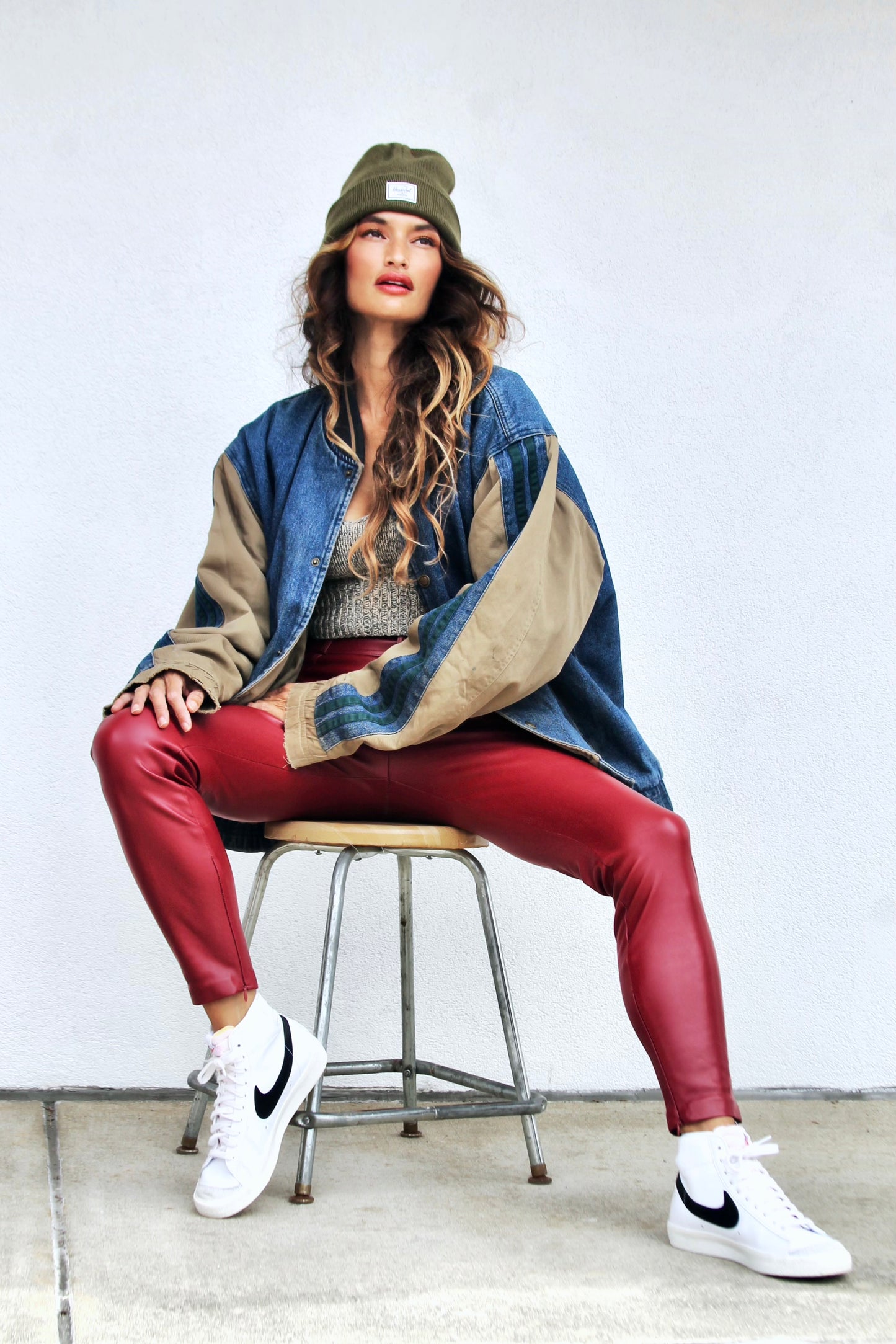 IN IT TO WIN IT stadium bomber + denim jacket, large (fits like a 2XL) *VINTAGE* >> dark wash + olive