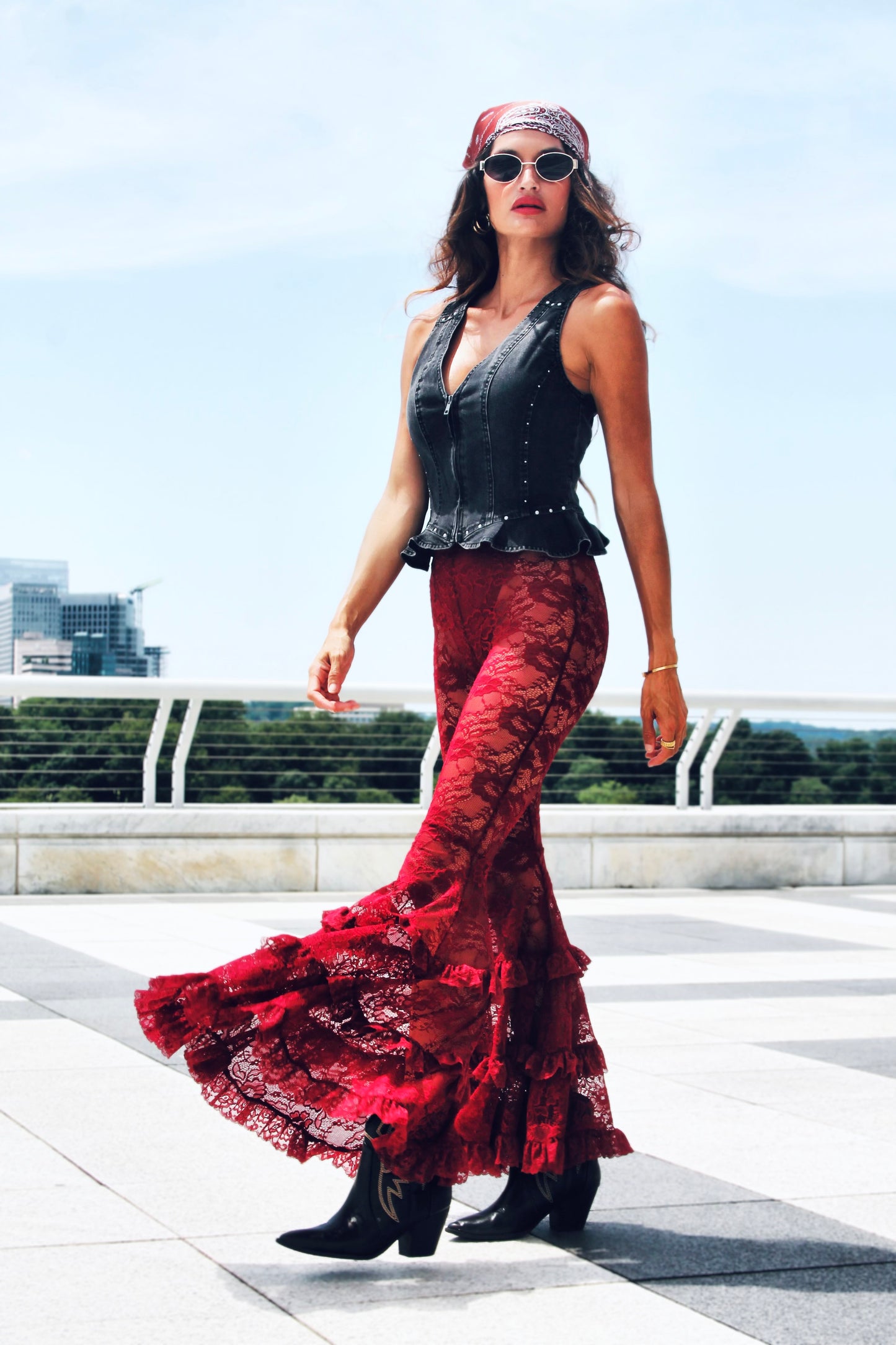 DANGEROUS sheer + full lace + tiered ruffle ultra bell bottoms, XS >> deep maroon