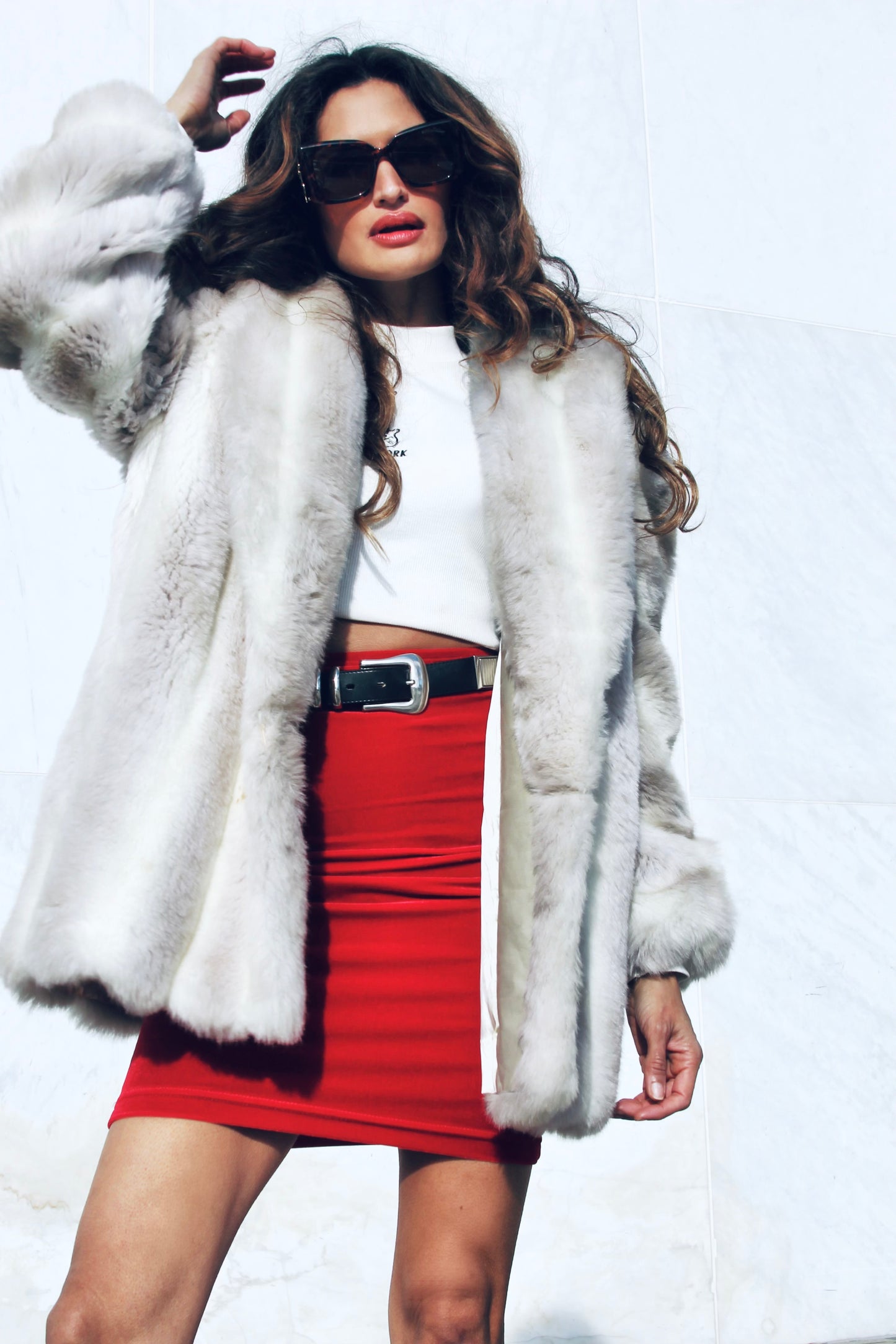 MOB WIFE faux fur coat, M/L *VINTAGE* >>smoky grey and white