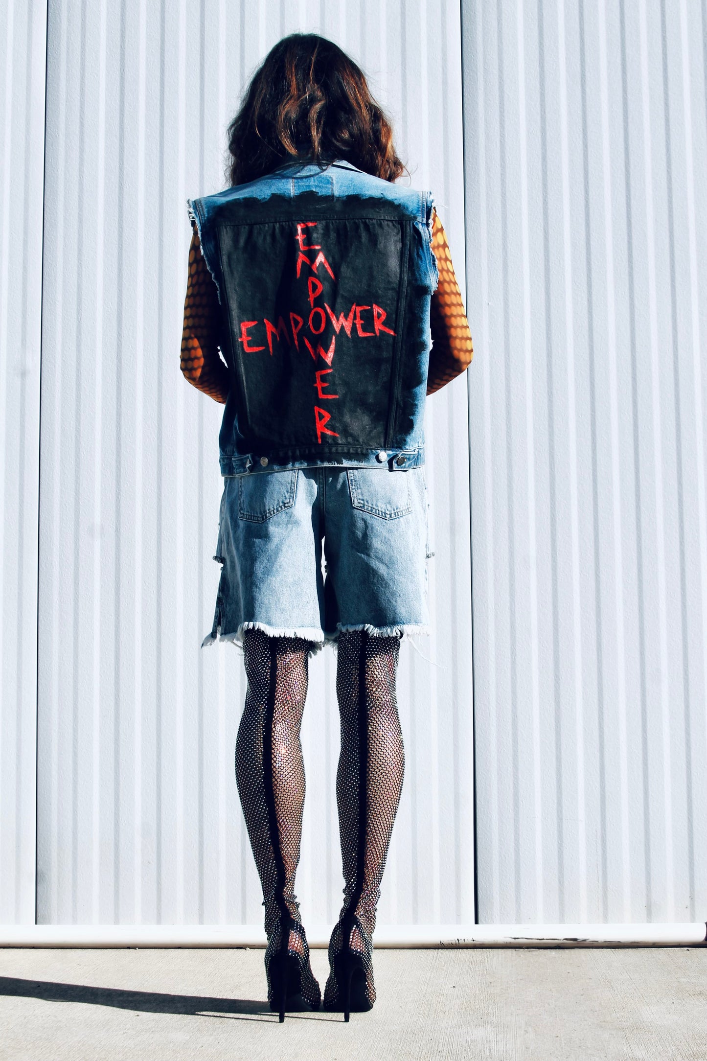 EMPOWER hand painted denim vest, large *FOXY FABLE ORIGINAL + FOXY FAVE + VINTAGE >> medium wash