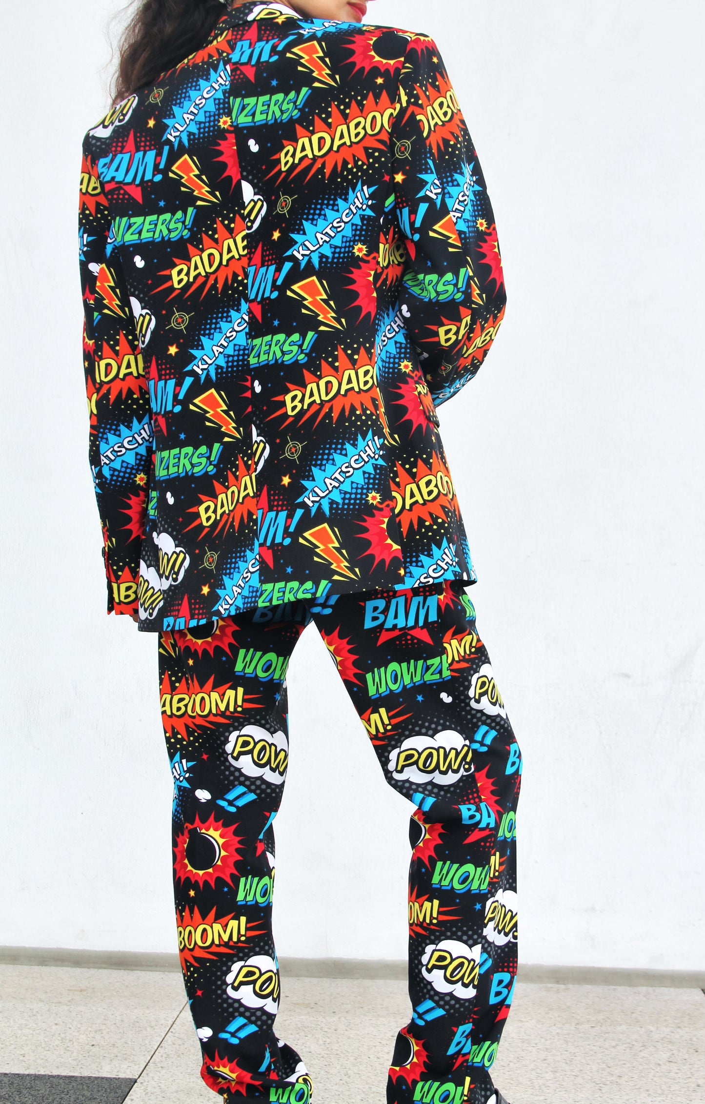 BADABING BADABOOM pop art + comic book inspired slacks, size 38 *PART OF A SET * Opposuits >> multicolored on black