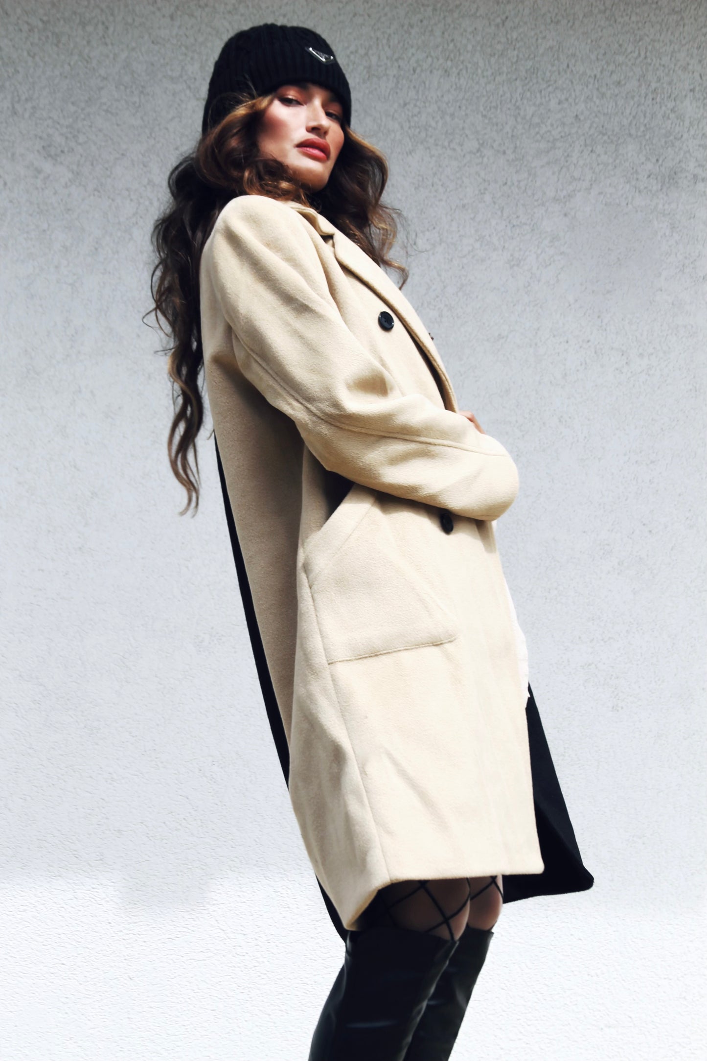 DOUBLE TROUBLE color block overcoat, size L/XL >> camel + black