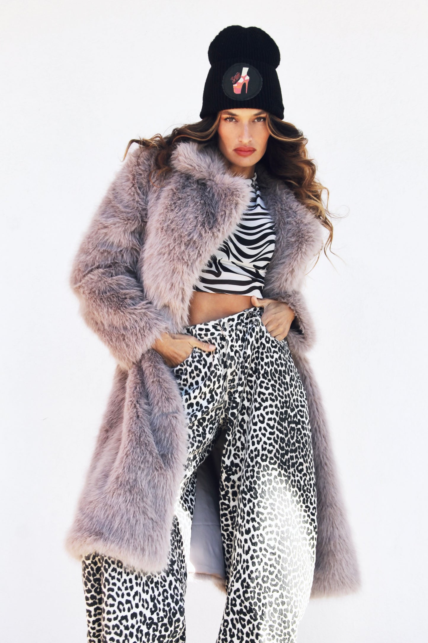 FAUX-EVER YOURS faux fur coat, medium >> stone grey