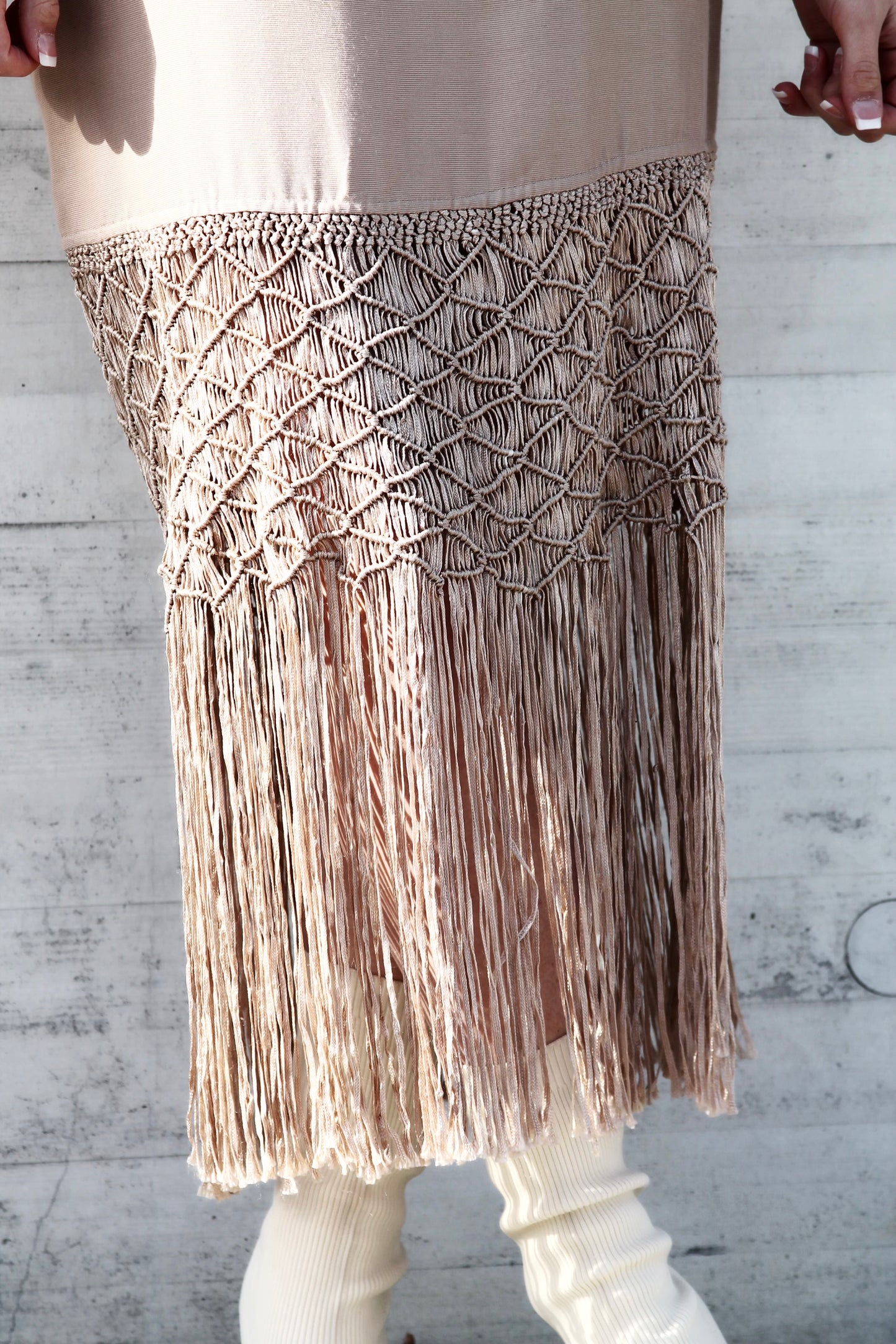 LOVE LETTERS woven fringe + open-back midi dress, size 8 *INTERMIX*