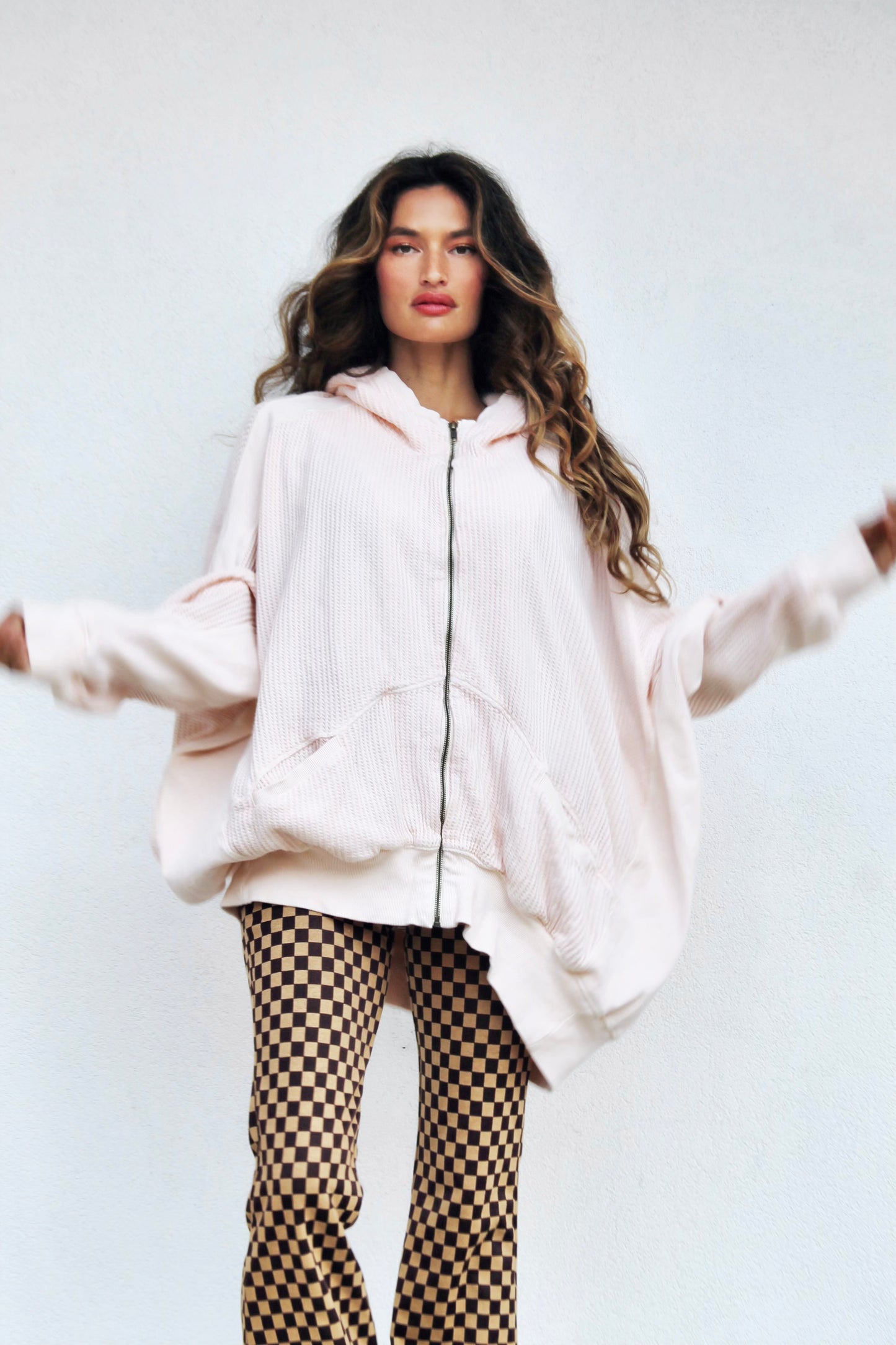 HEART MAKER waffle knit + oversized hoodie, large *FREE PEOPLE*  >> bubble gum pink