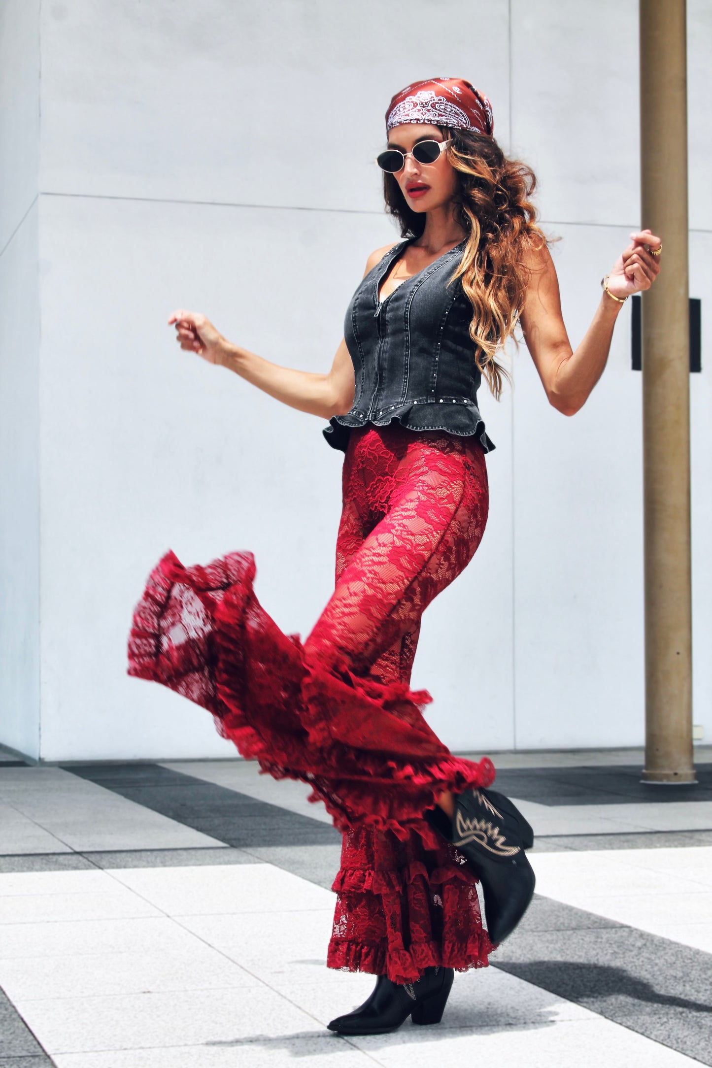 DANGEROUS sheer + full lace + tiered ruffle ultra bell bottoms, XS >> deep maroon