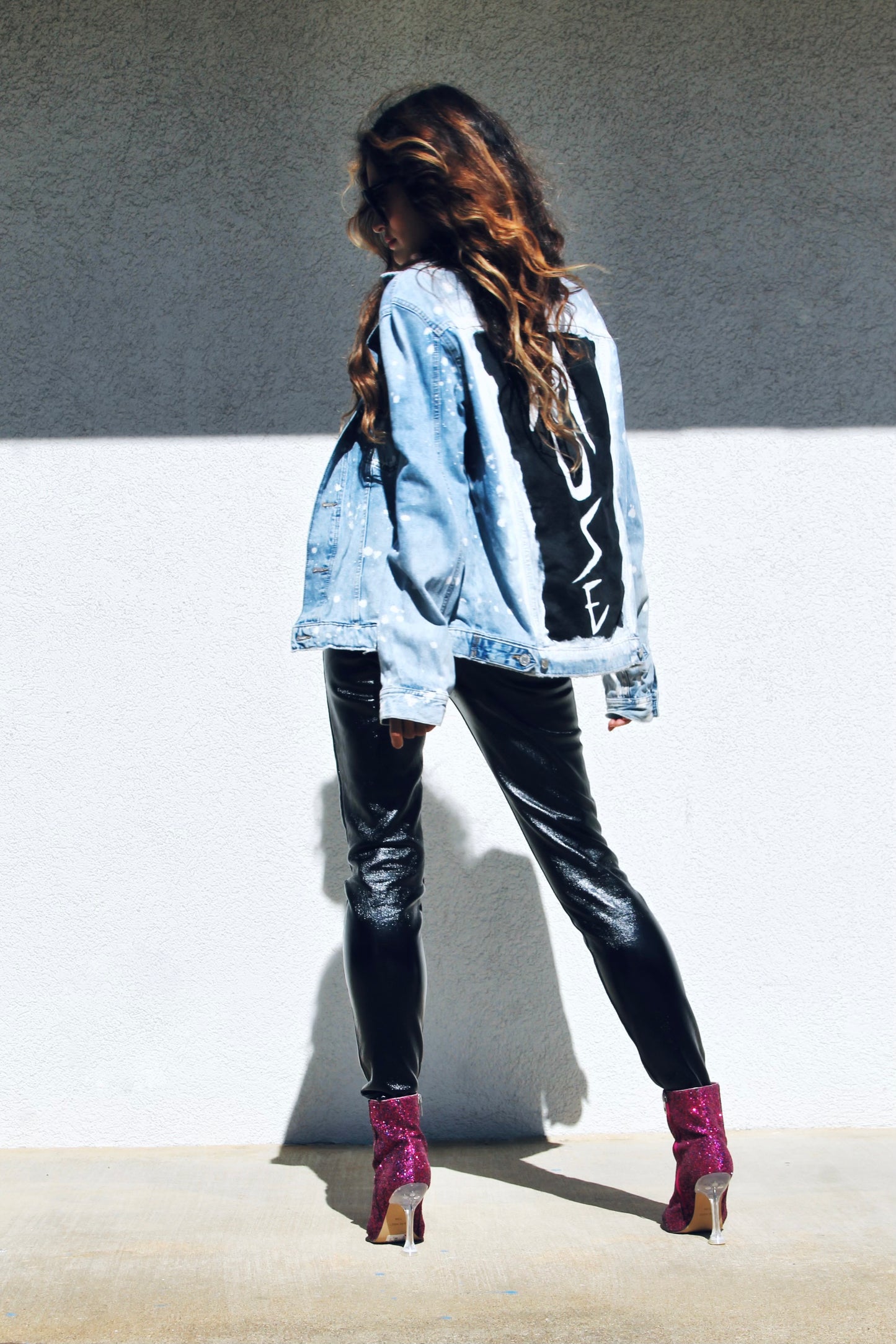 MUSE hand painted + bleach splatter denim jacket, medium *FOXY FABLE ORIGINAL + FOXY FAVE* >> light wash