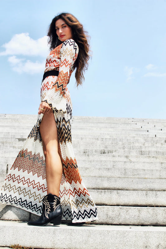 NATURAL HIGH completely sheer knit maxi dress/cover up, size 6 >> orange + khaki + midnight