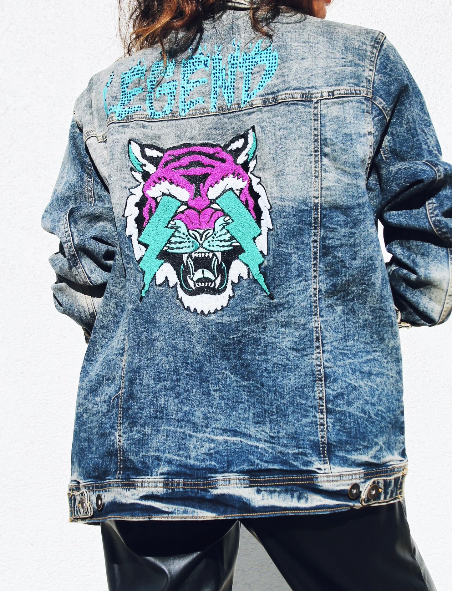 LEGEND patchwork denim jacket, XL >> antiqued dark wash + tiger patchwork