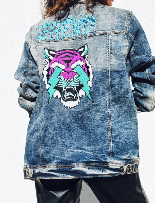 LEGEND patchwork denim jacket, XL >> antiqued dark wash + tiger patchwork