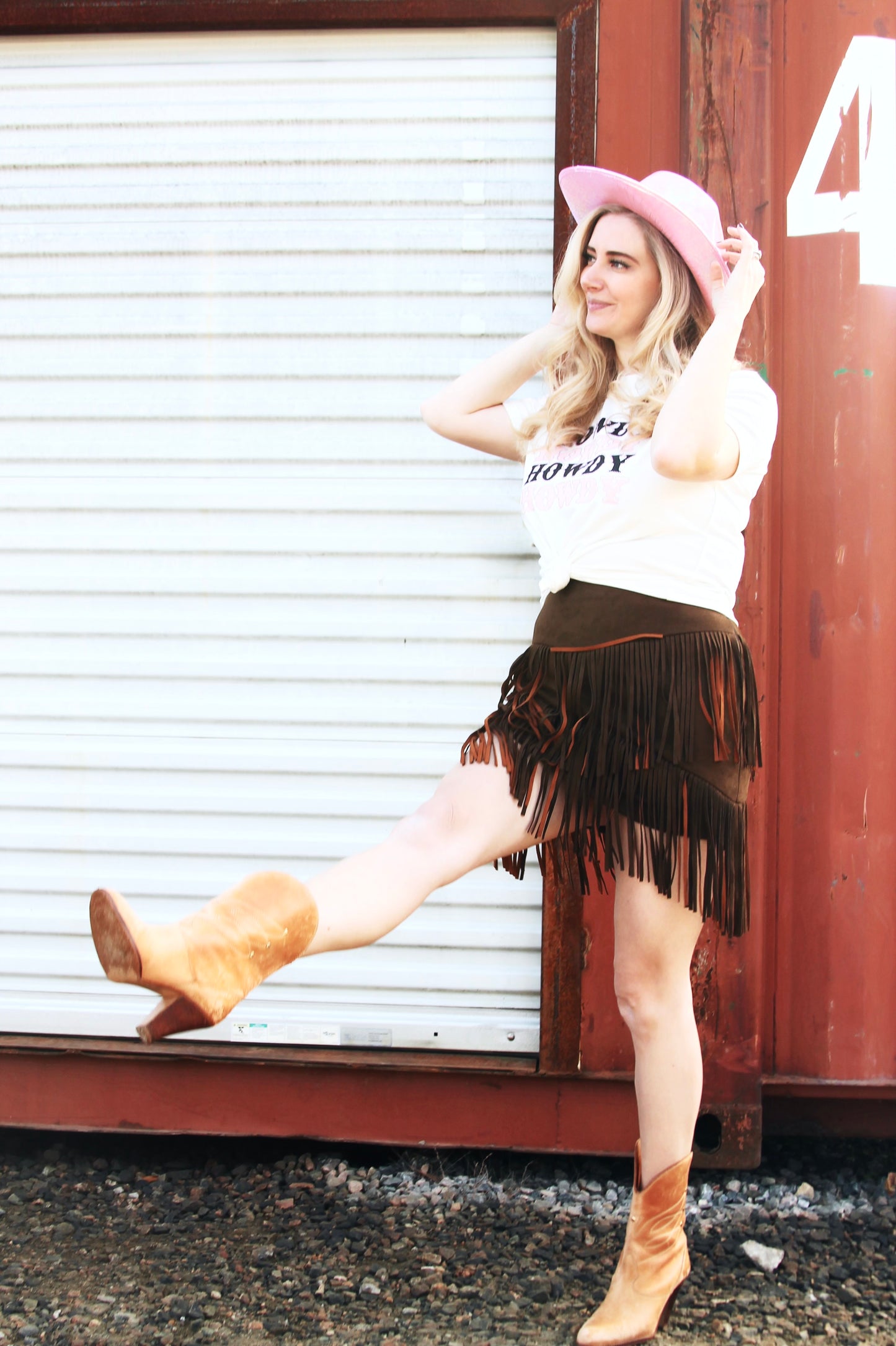 HOWDY fringe + faux suede mini skirt, medium