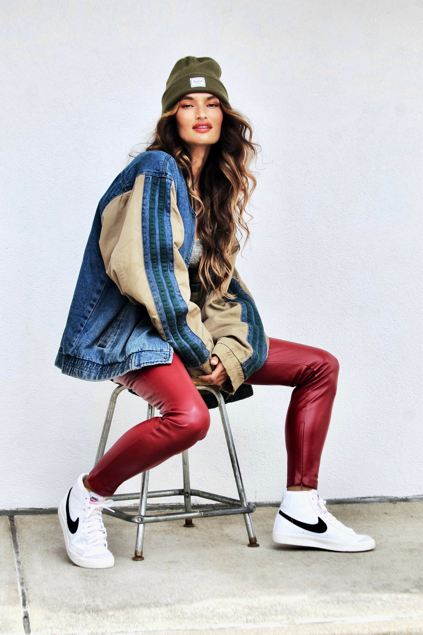 IN IT TO WIN IT stadium bomber + denim jacket, large (fits like a 2XL) *VINTAGE* >> dark wash + olive