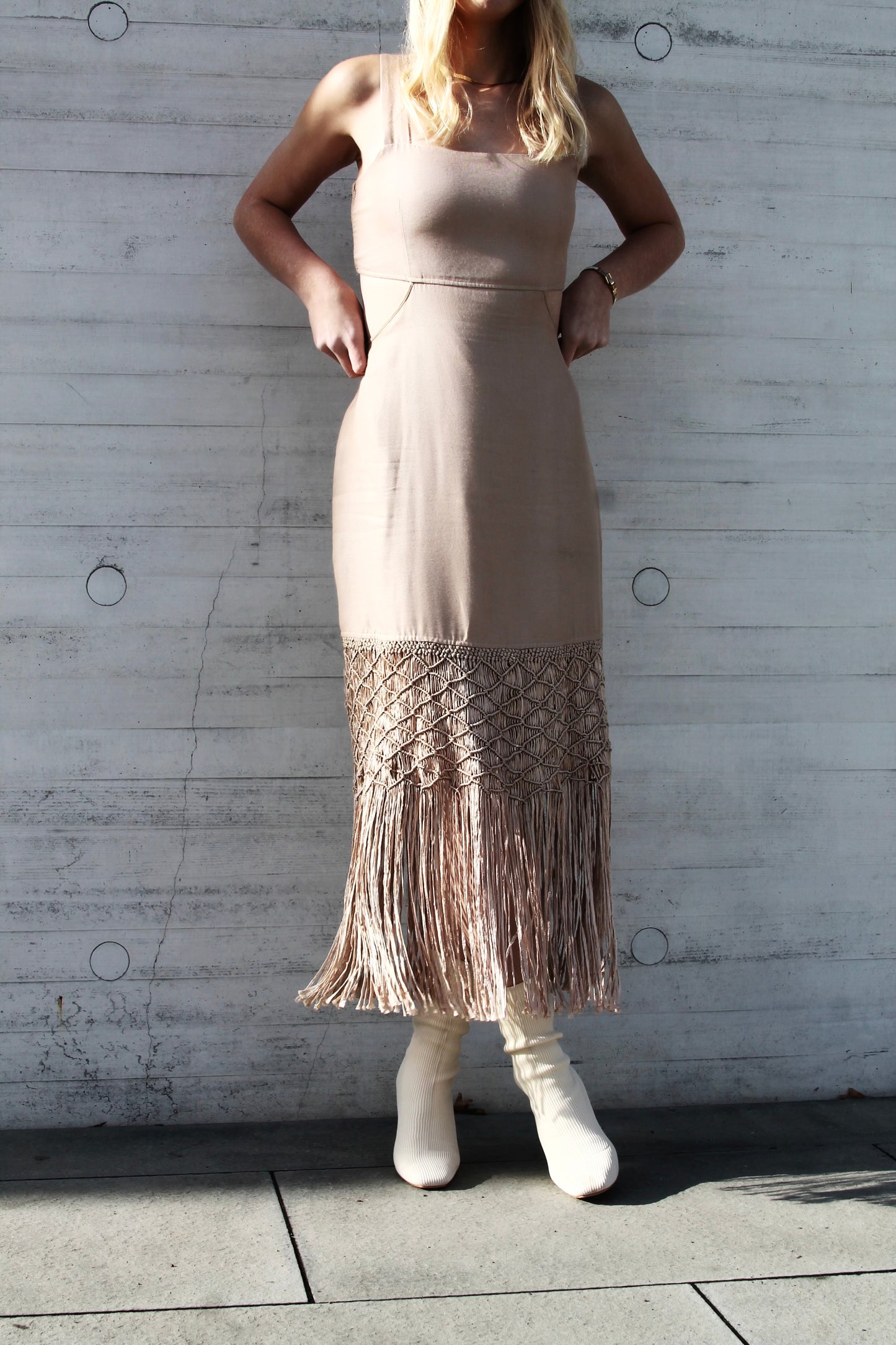 LOVE LETTERS woven fringe + open-back midi dress, size 8 *INTERMIX*