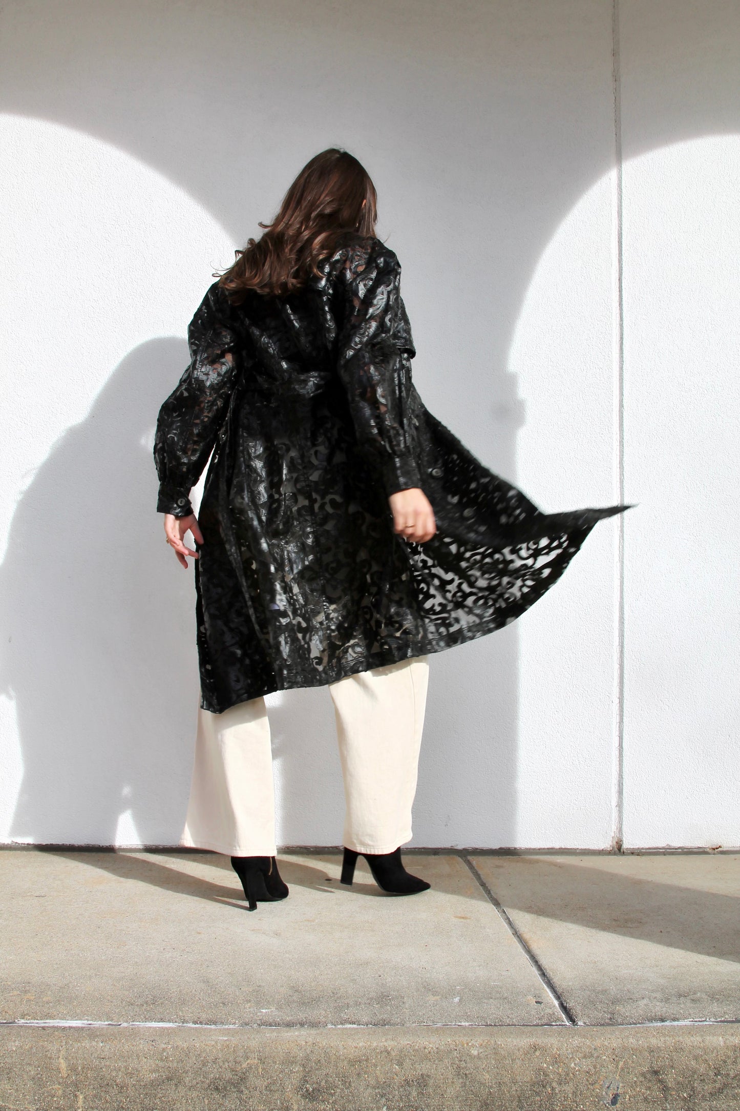 PARK AVENUE sheer dramatic trench coat w/ intricate vegan leather stenciling, small