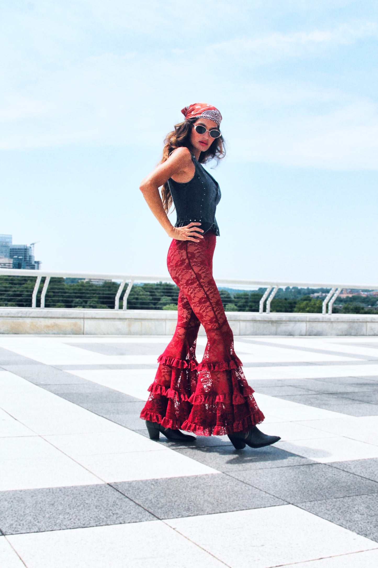 DANGEROUS sheer + full lace + tiered ruffle ultra bell bottoms, XS >> deep maroon