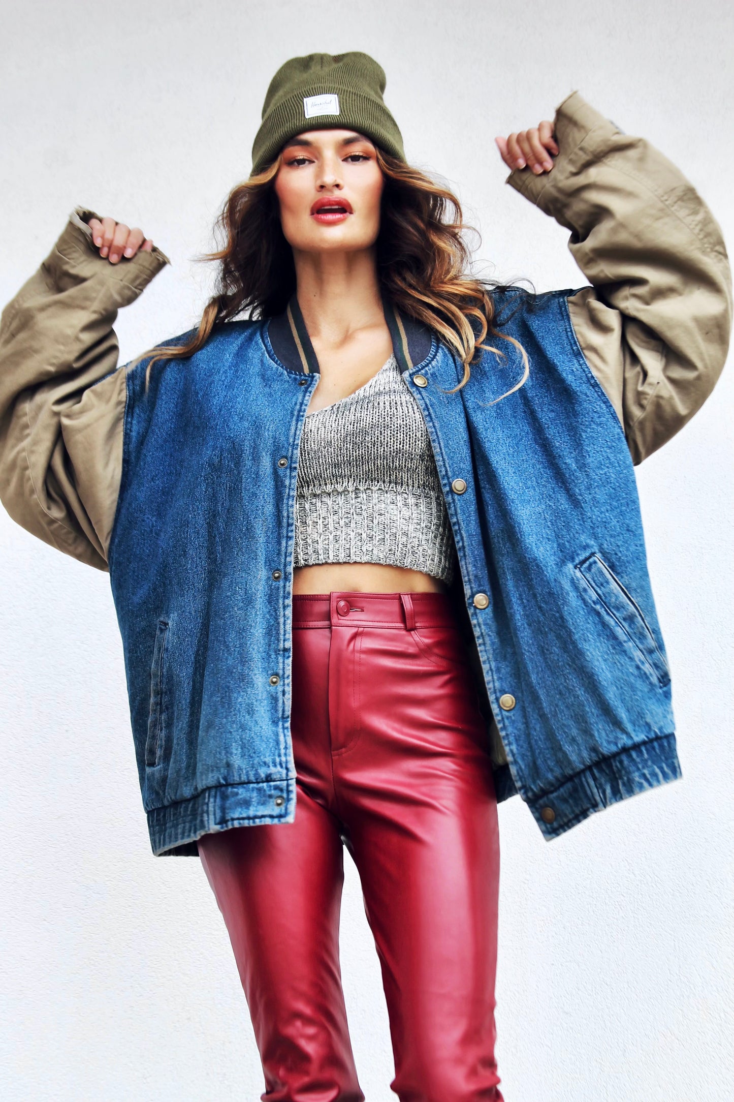 IN IT TO WIN IT stadium bomber + denim jacket, large (fits like a 2XL) *VINTAGE* >> dark wash + olive