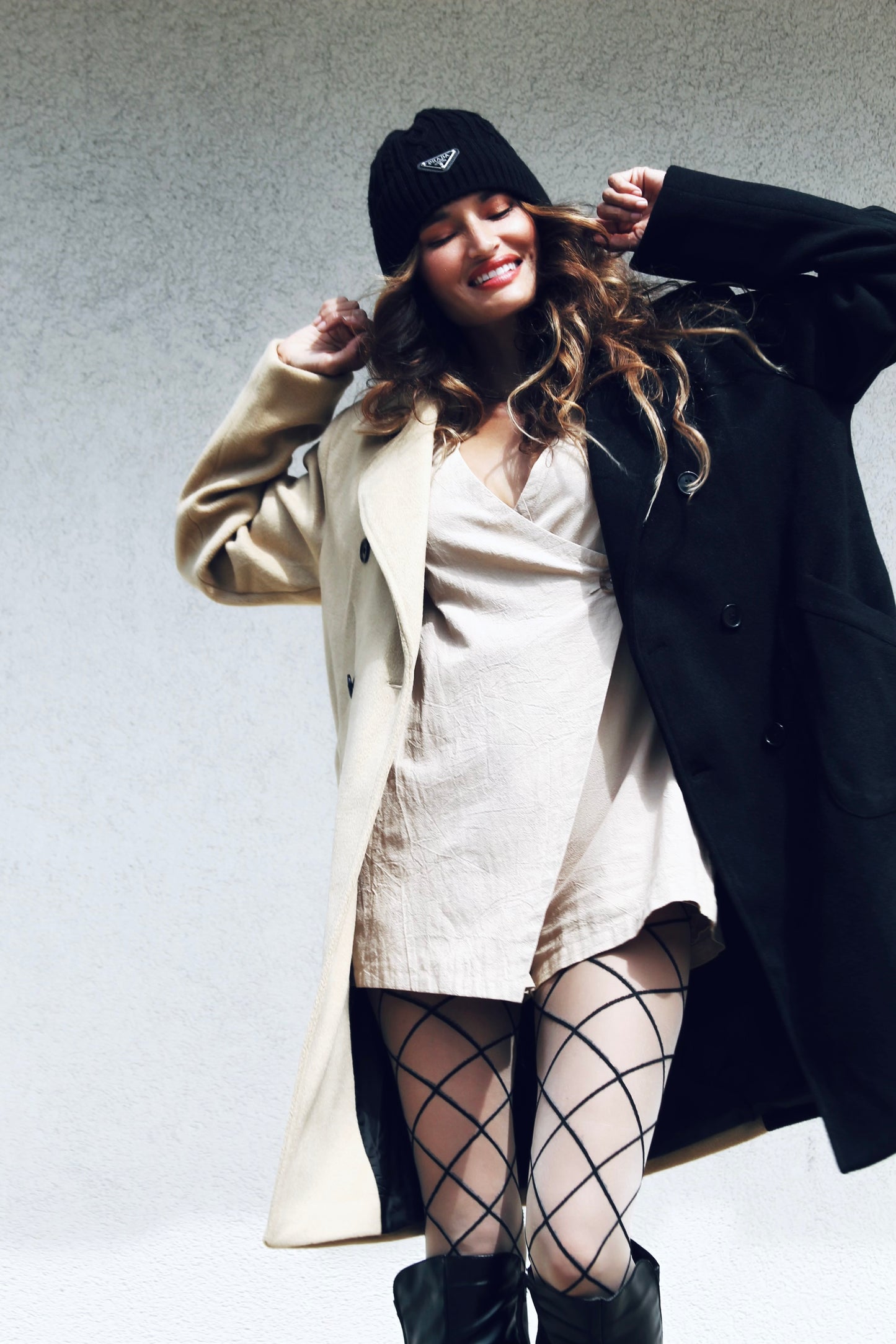 DOUBLE TROUBLE color block overcoat, size L/XL >> camel + black