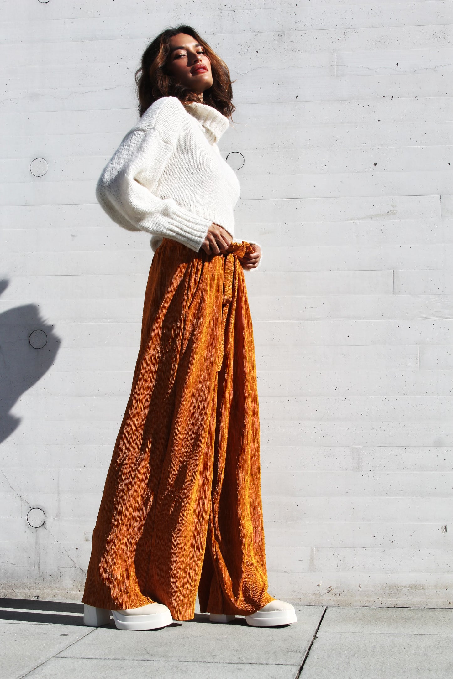 INNER LIGHT wide leg + high waist pants, large >>amber glow