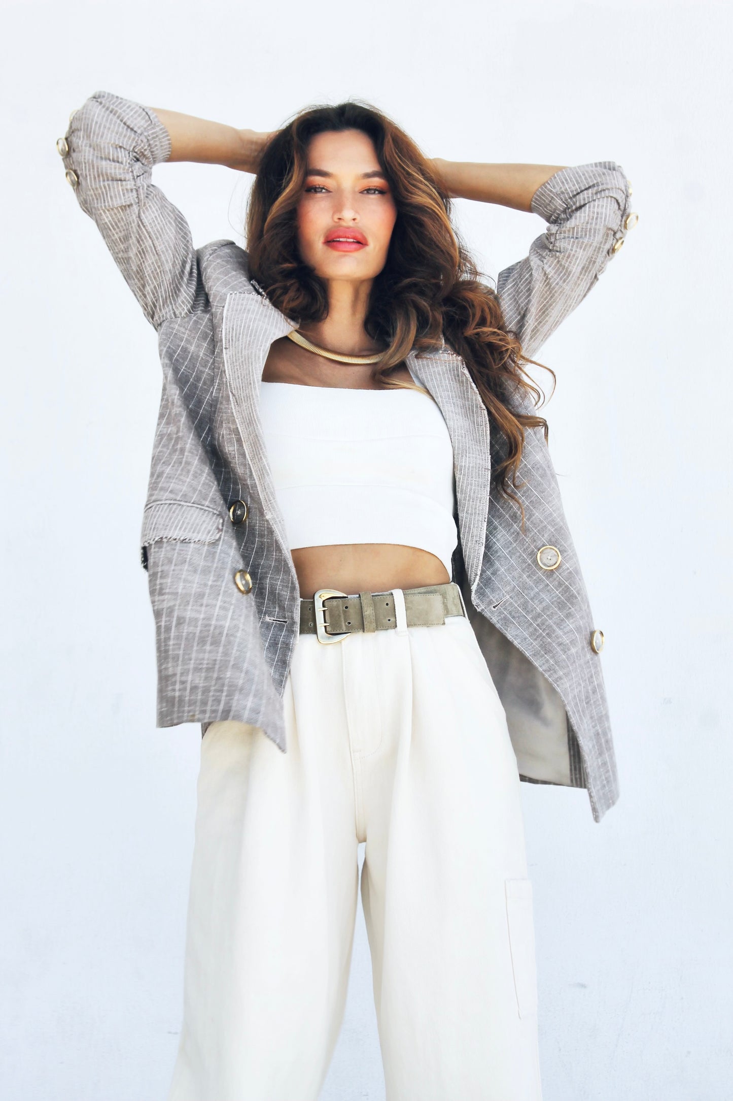 BLUEPRINT pinstripe double breasted blazer, RAMY BROOK NY >> coffee + cream