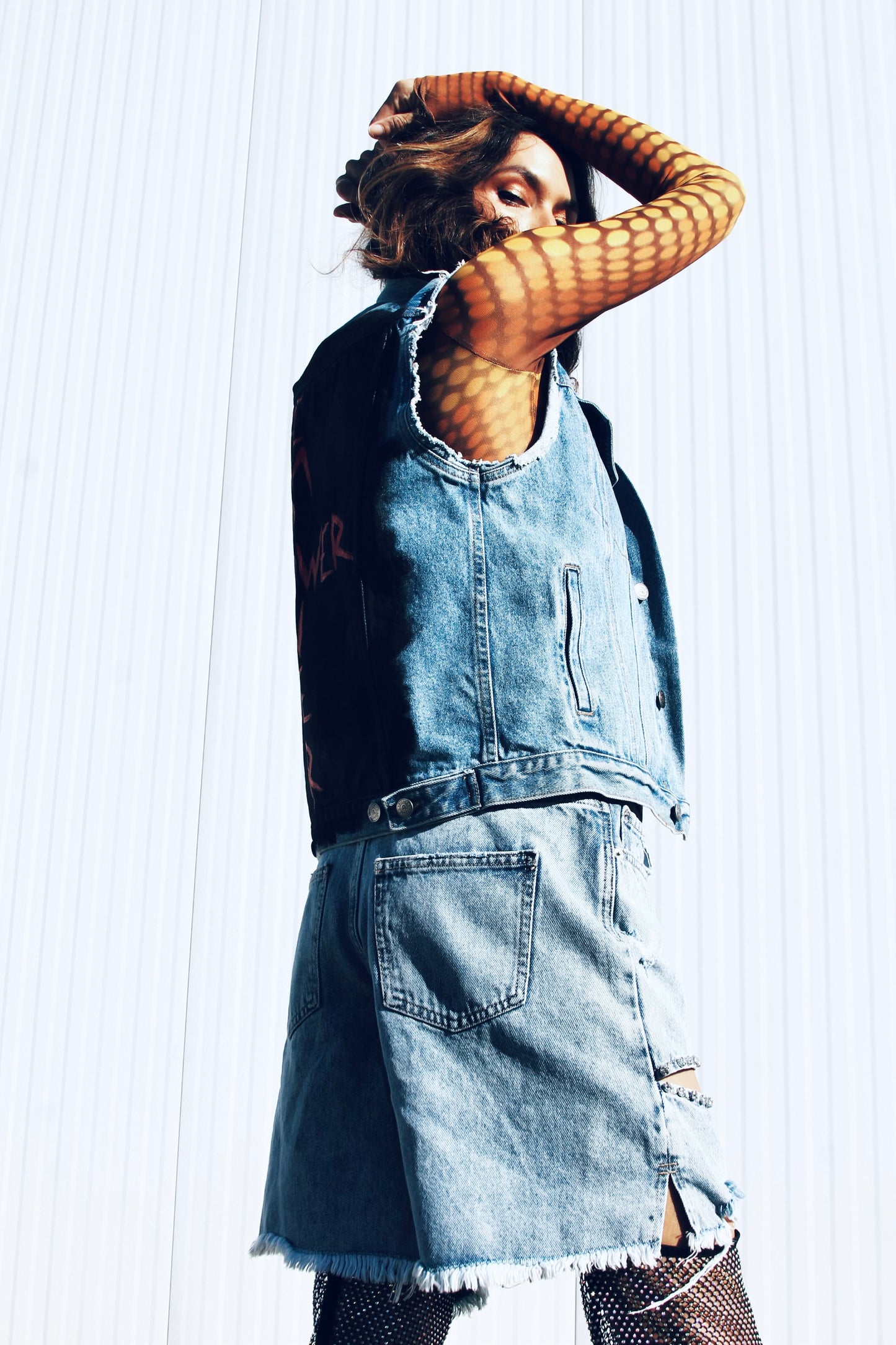 EMPOWER hand painted denim vest, large *FOXY FABLE ORIGINAL + FOXY FAVE + VINTAGE >> medium wash