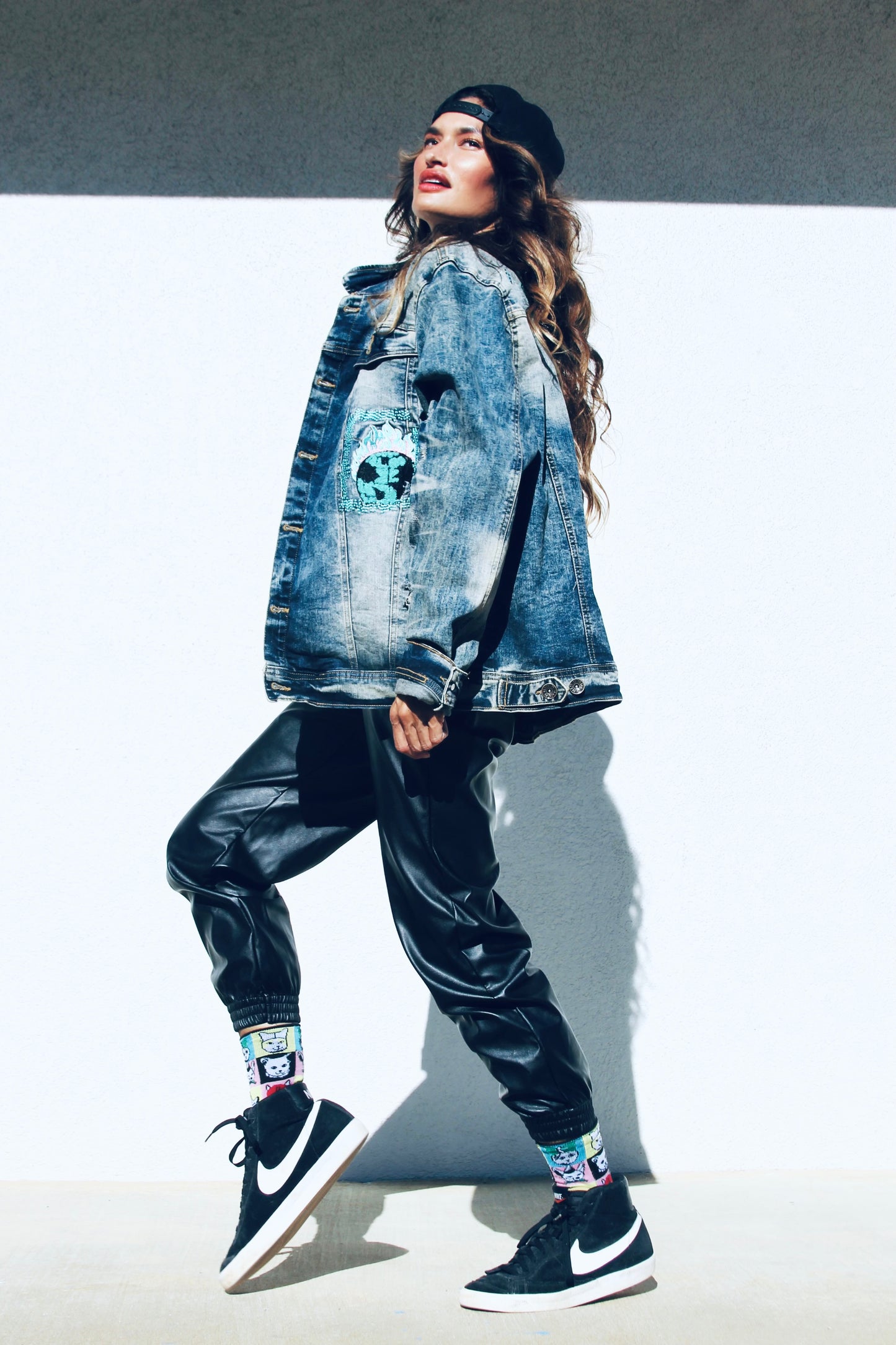 LEGEND patchwork denim jacket, XL >> antiqued dark wash + tiger patchwork