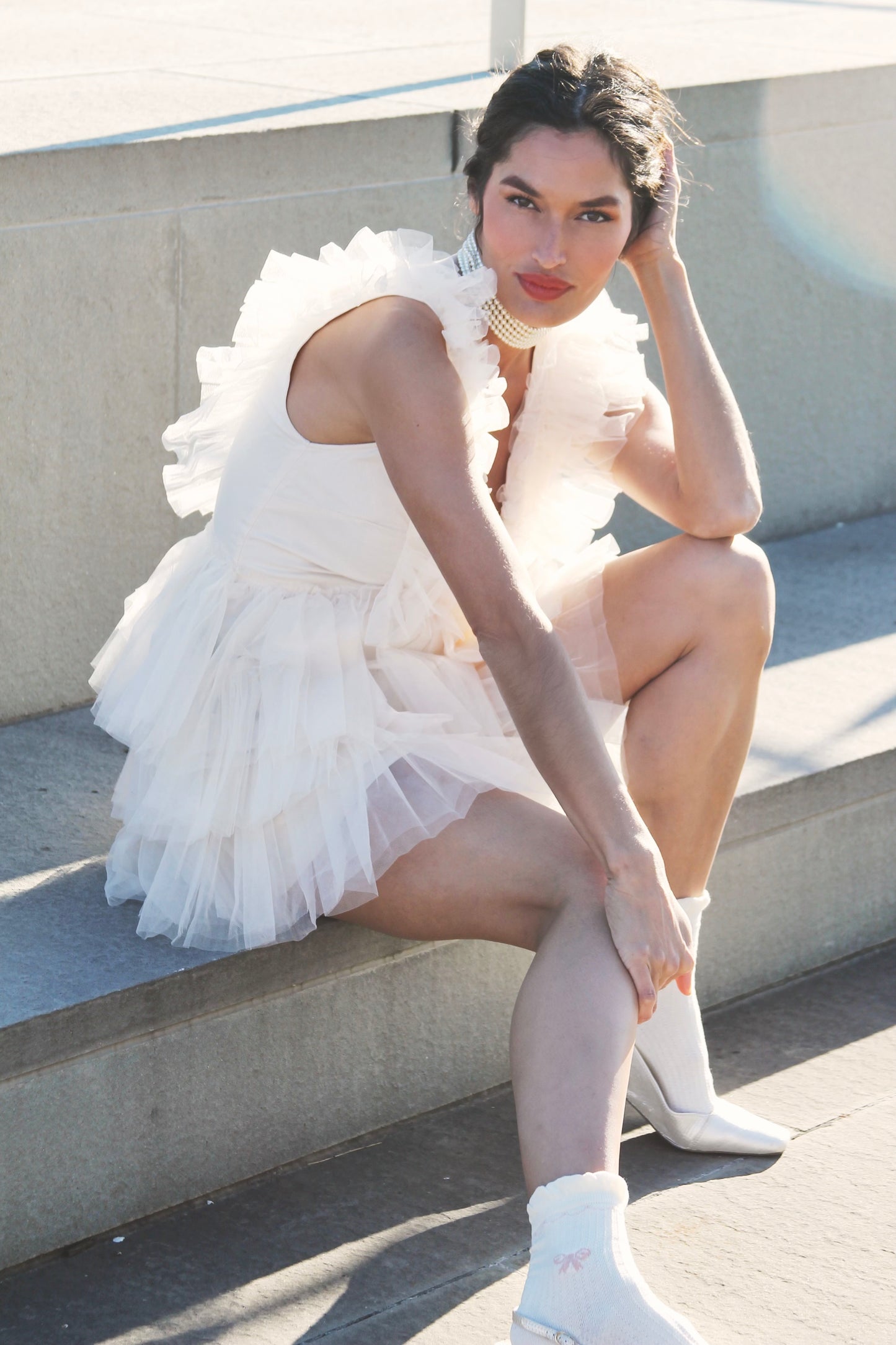 ACT 1 tiered ruffle + tulle dramatic balletcore mini dress, small *STEVE MADDEN*