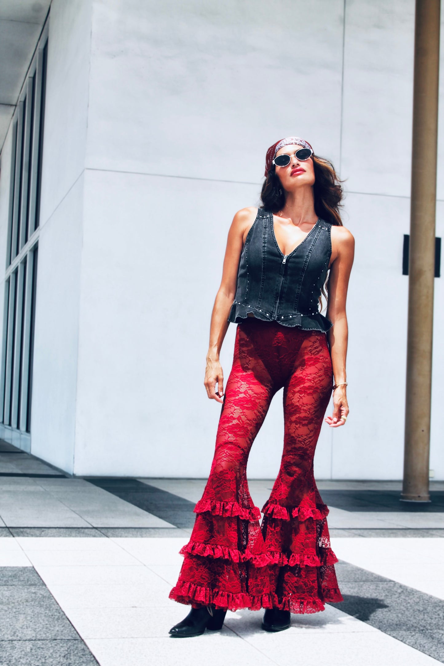 DANGEROUS sheer + full lace + tiered ruffle ultra bell bottoms, XS >> deep maroon
