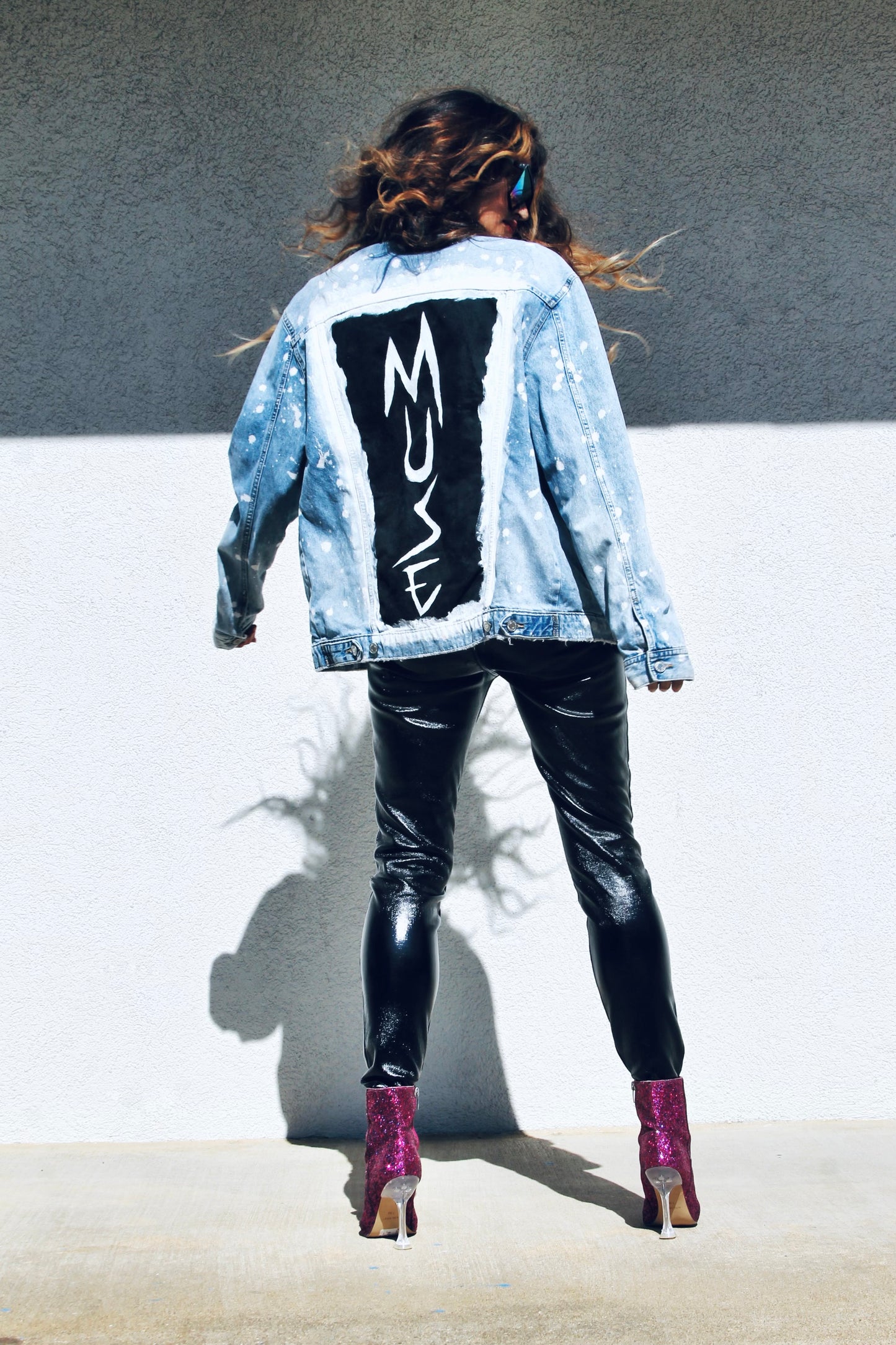 MUSE hand painted + bleach splatter denim jacket, medium *FOXY FABLE ORIGINAL + FOXY FAVE* >> light wash