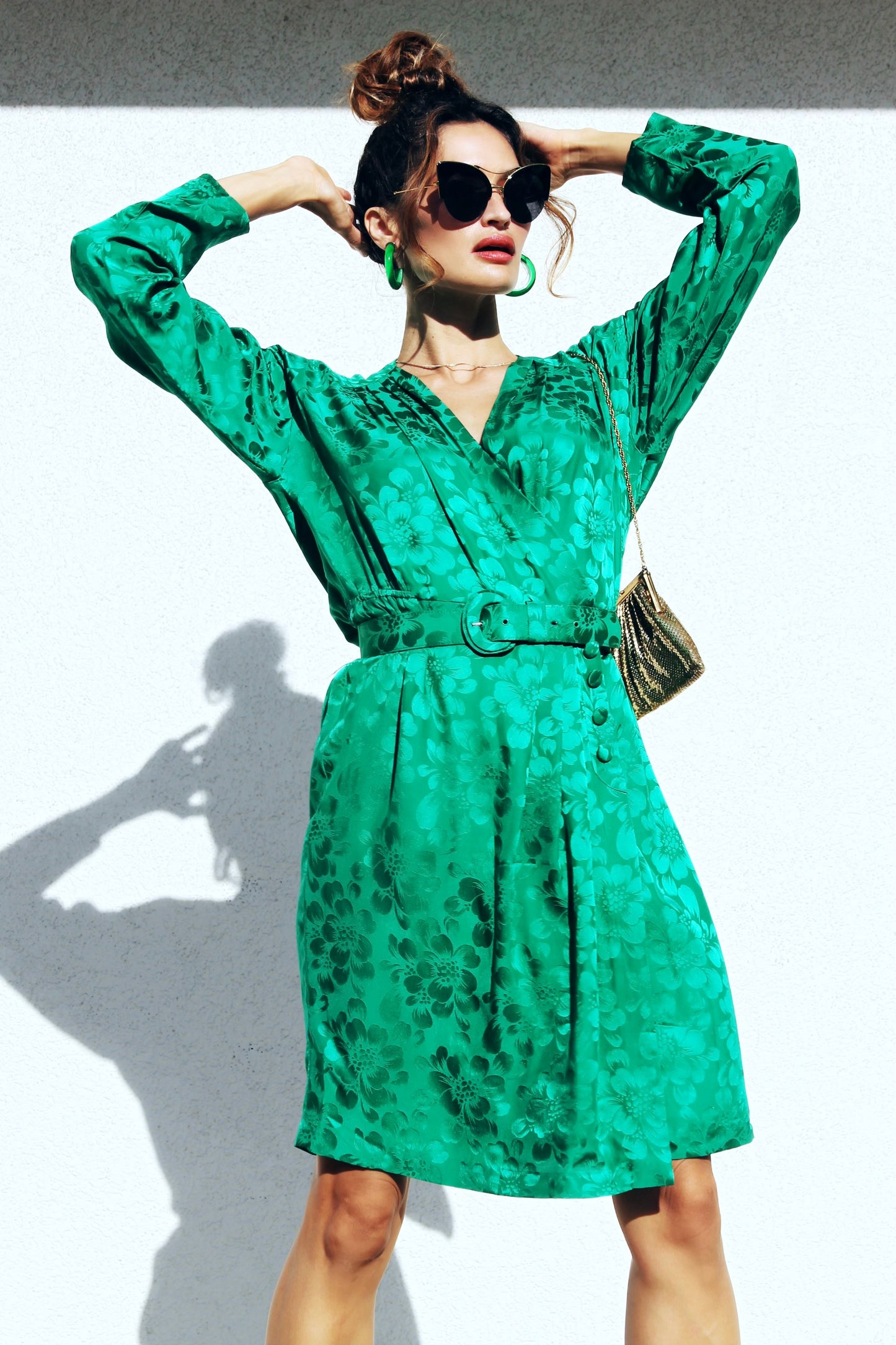 EMERALD DEVOTION pure silk shirtwaist dress, size 10 *TRUE VINTAGE + 100% SILK* Pat Argenti >> emerald green