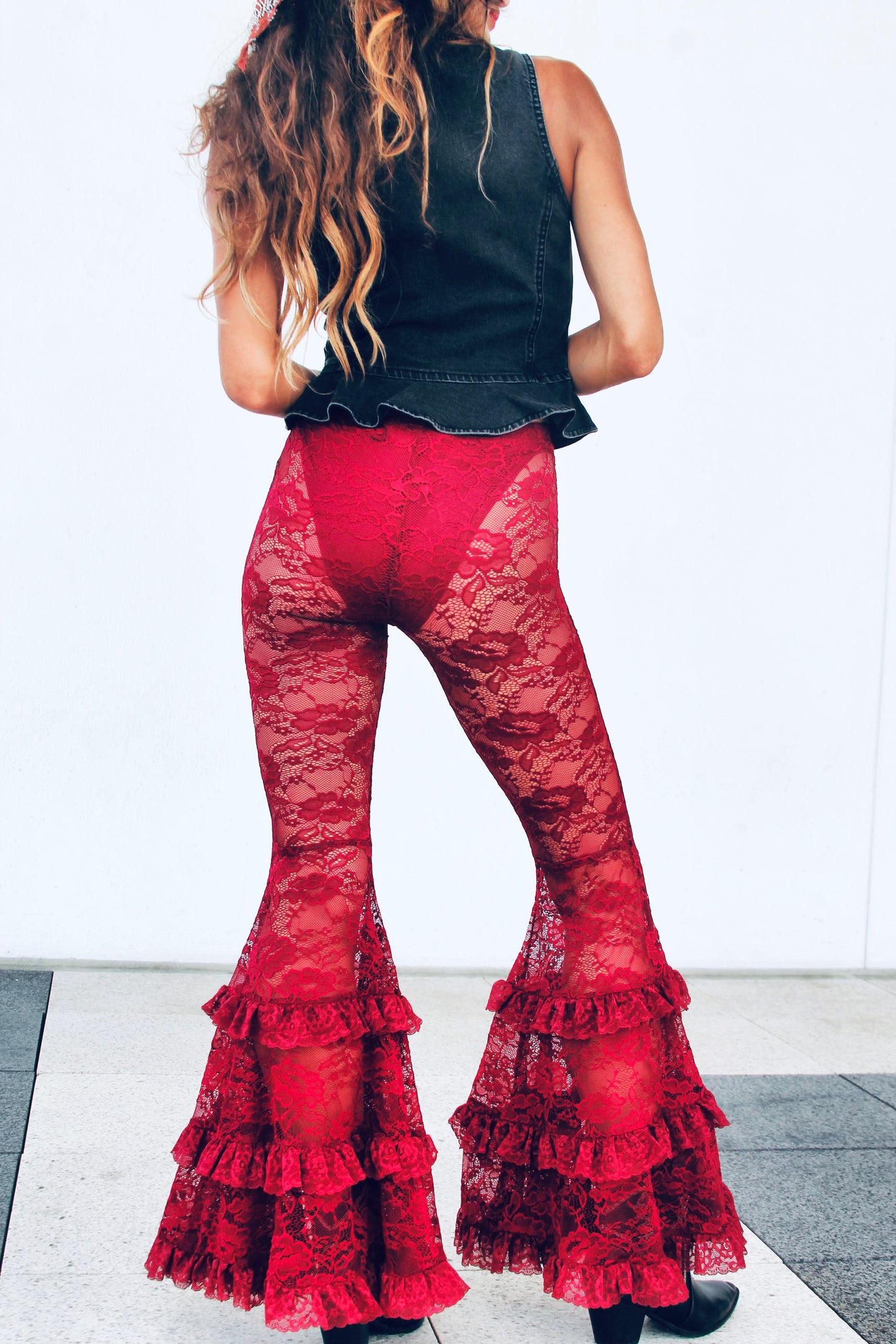 DANGEROUS sheer + full lace + tiered ruffle ultra bell bottoms, XS >> deep maroon