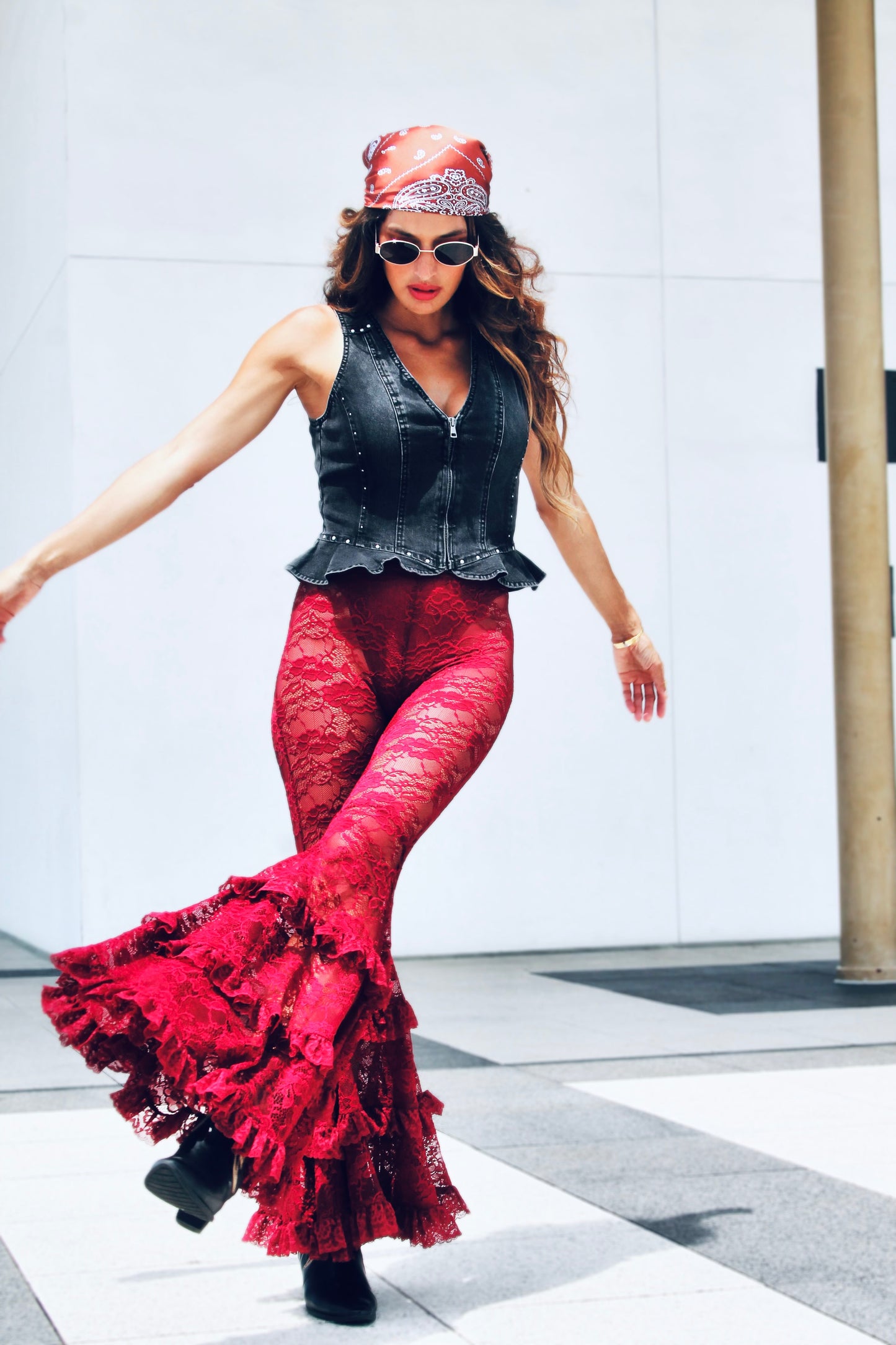 DANGEROUS sheer + full lace + tiered ruffle ultra bell bottoms, XS >> deep maroon