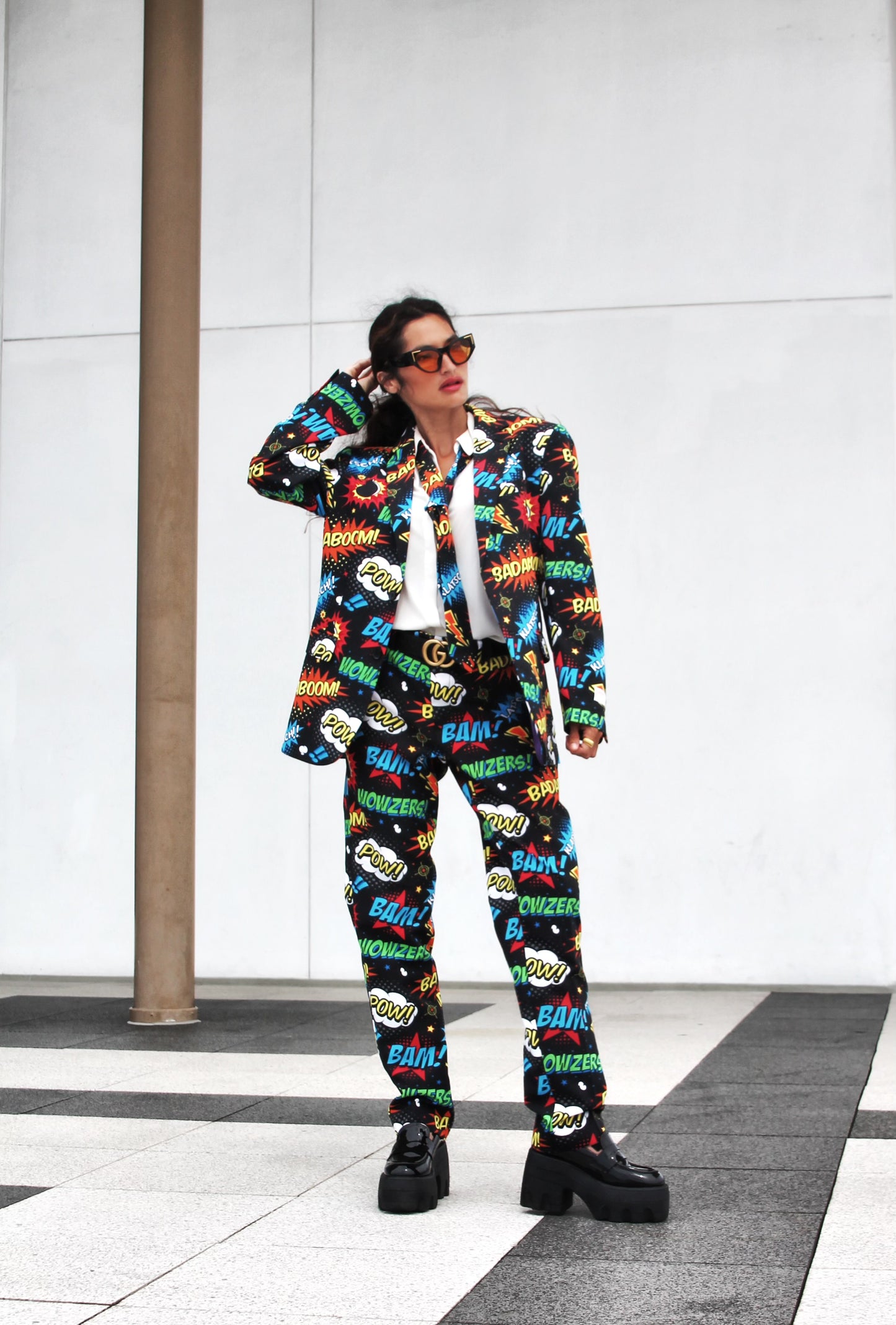 BADABING BADABOOM pop art + comic book inspired slacks, size 38 *PART OF A SET * Opposuits >> multicolored on black