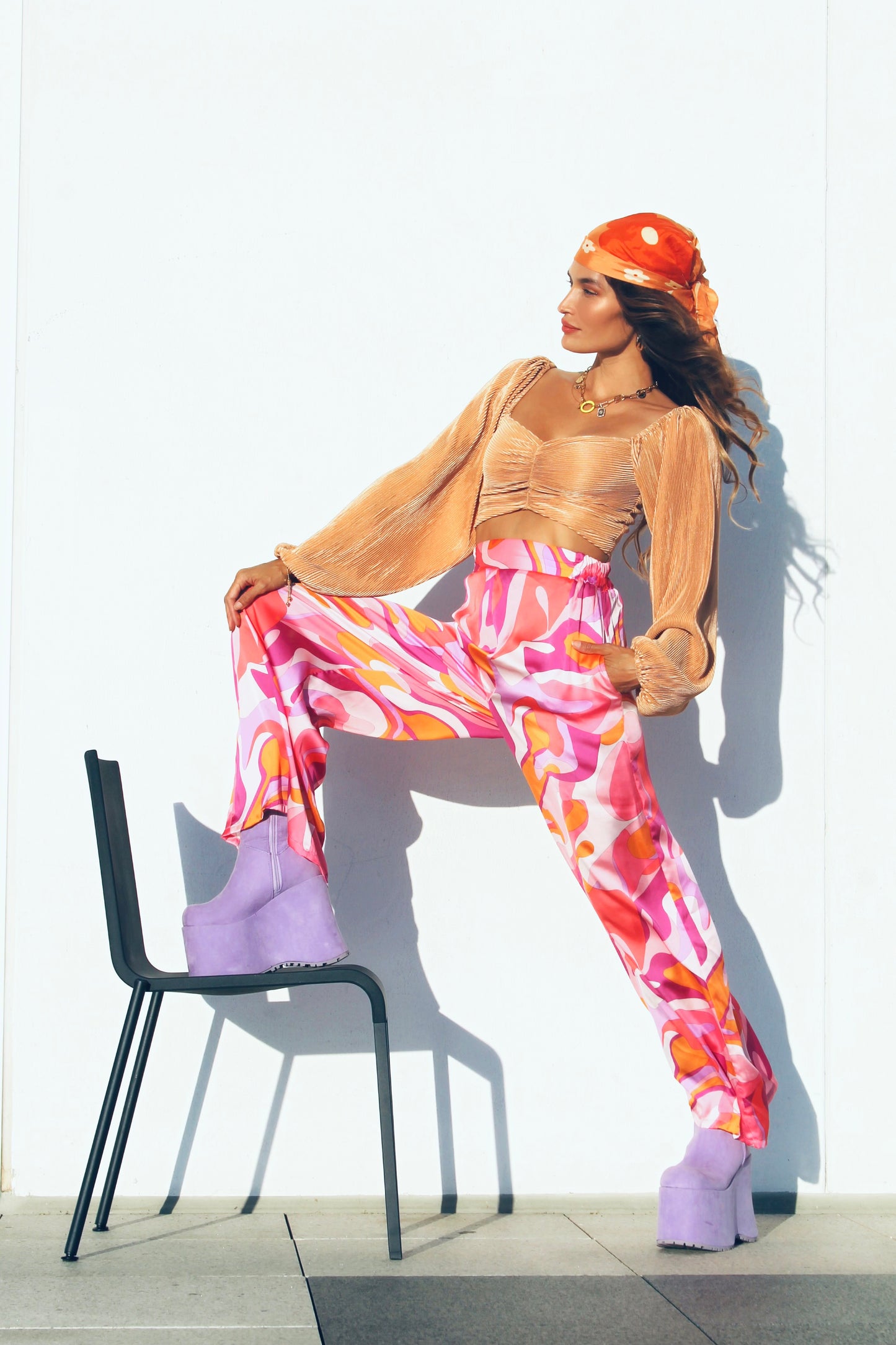 BOHEMIAN SUNSET colorful high- waisted + wide leg satin trousers, small