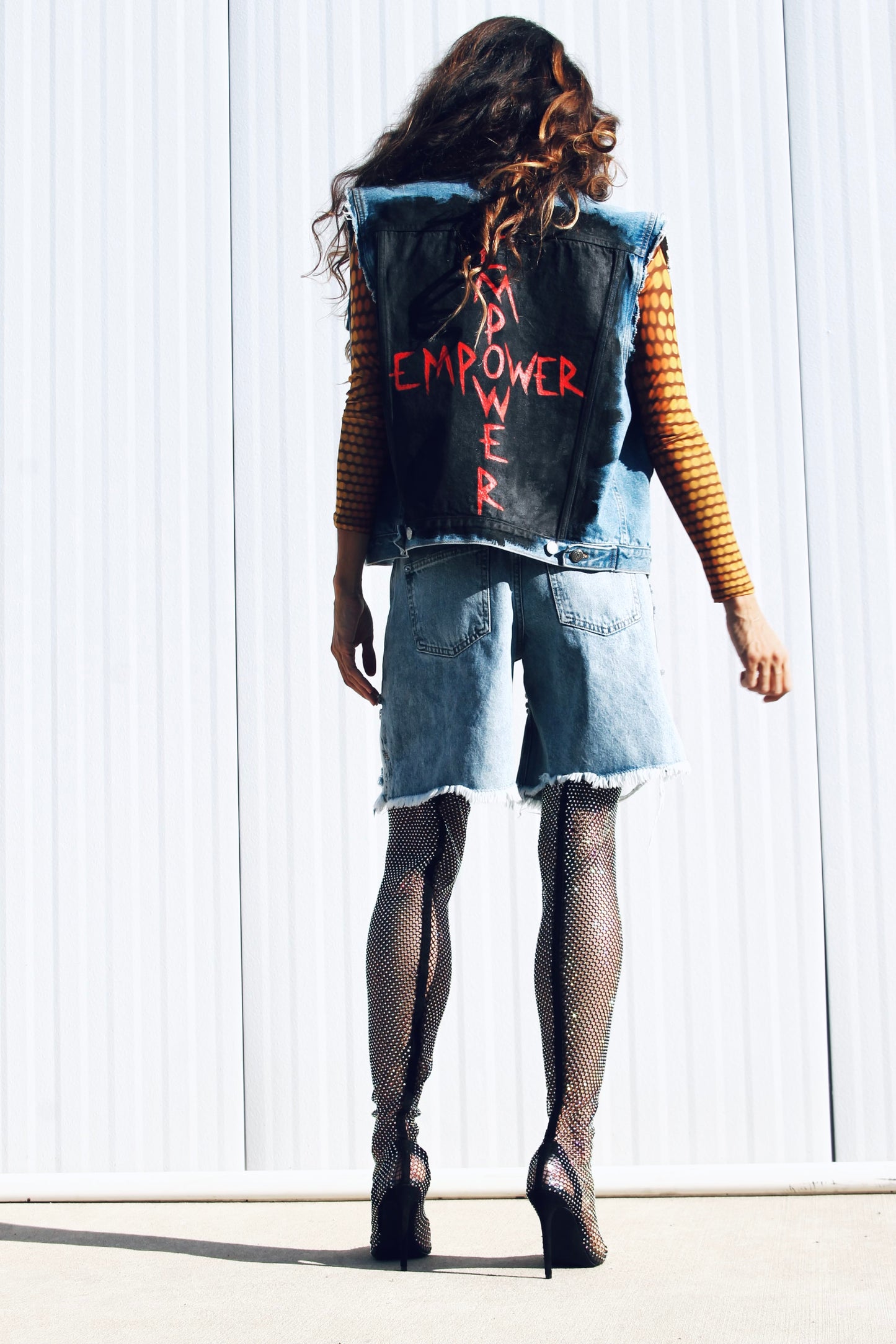 EMPOWER hand painted denim vest, large *FOXY FABLE ORIGINAL + FOXY FAVE + VINTAGE >> medium wash