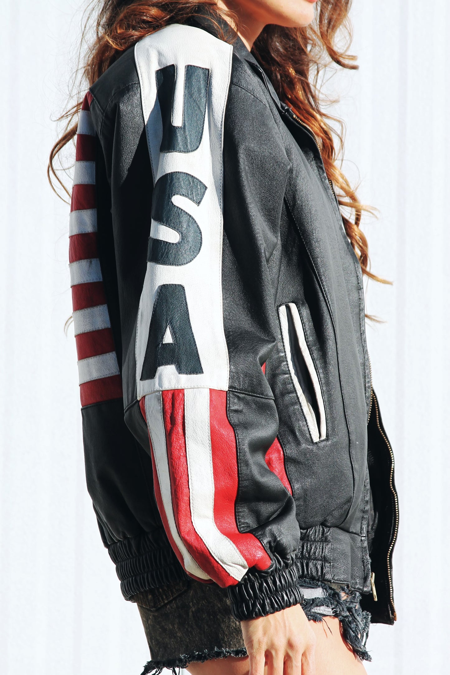 AMERICAN LIT leather American flag bomber jacket, large *VINTAGE + GENUINE LEATHER + ONE OF A KIND + FF EXCLUSIVE