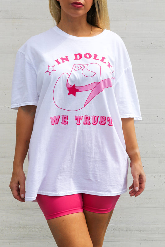 IN DOLLY WE TRUST oversized graphic tee, large/extra large