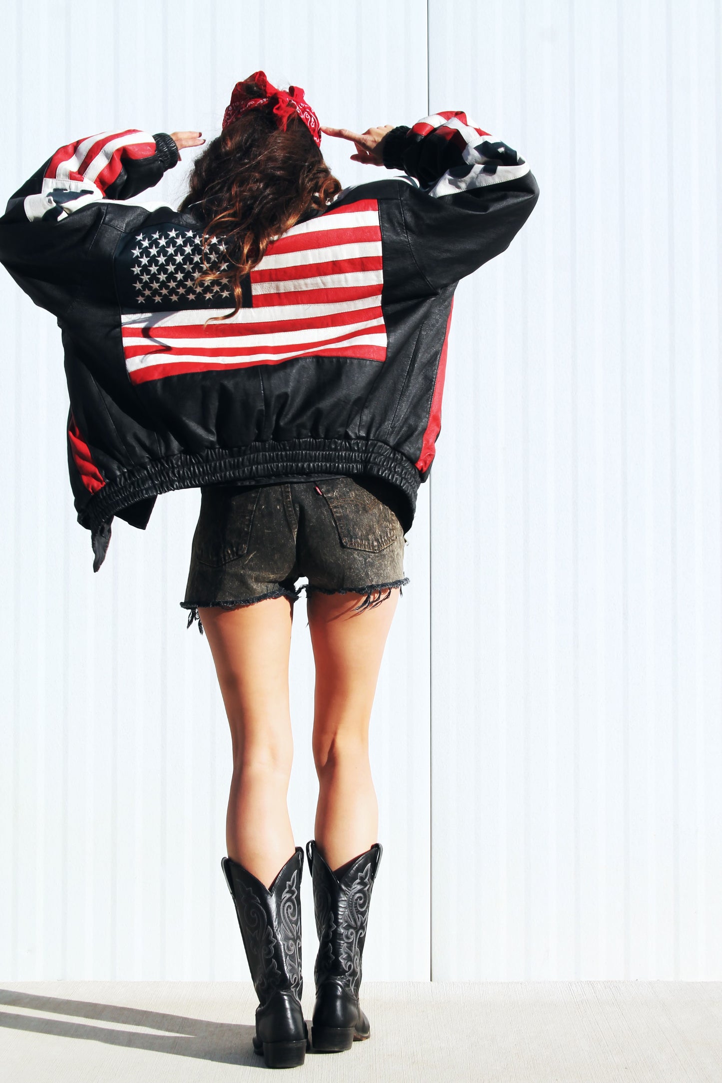 AMERICAN LIT leather American flag bomber jacket, large *VINTAGE + GENUINE LEATHER + ONE OF A KIND + FF EXCLUSIVE