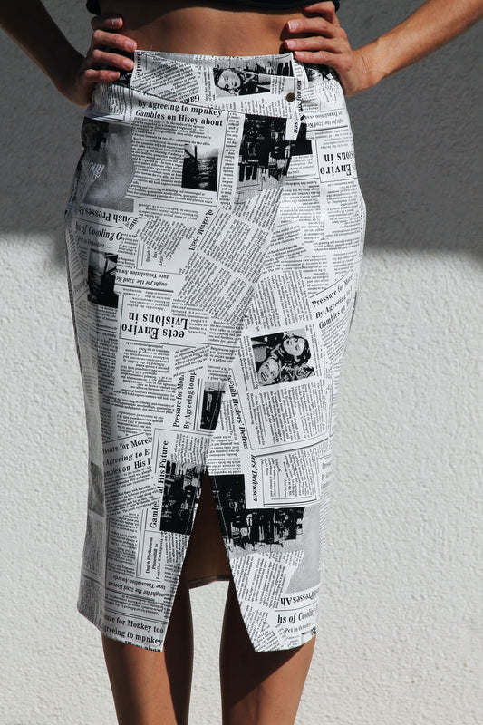 HEADLINES faux leather + newspaper graphic pencil skirt, small