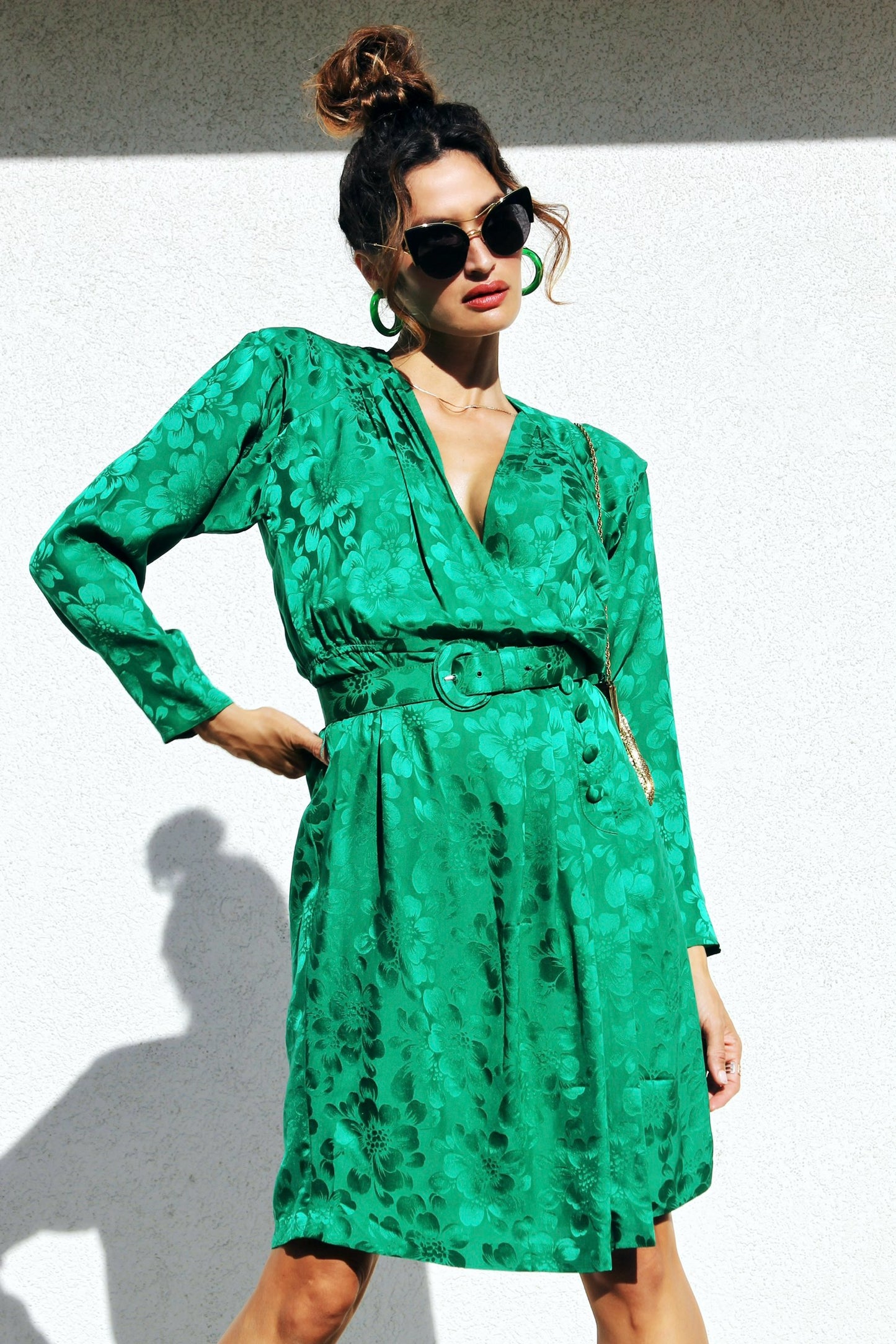 EMERALD DEVOTION pure silk shirtwaist dress, size 10 *TRUE VINTAGE + 100% SILK* Pat Argenti >> emerald green