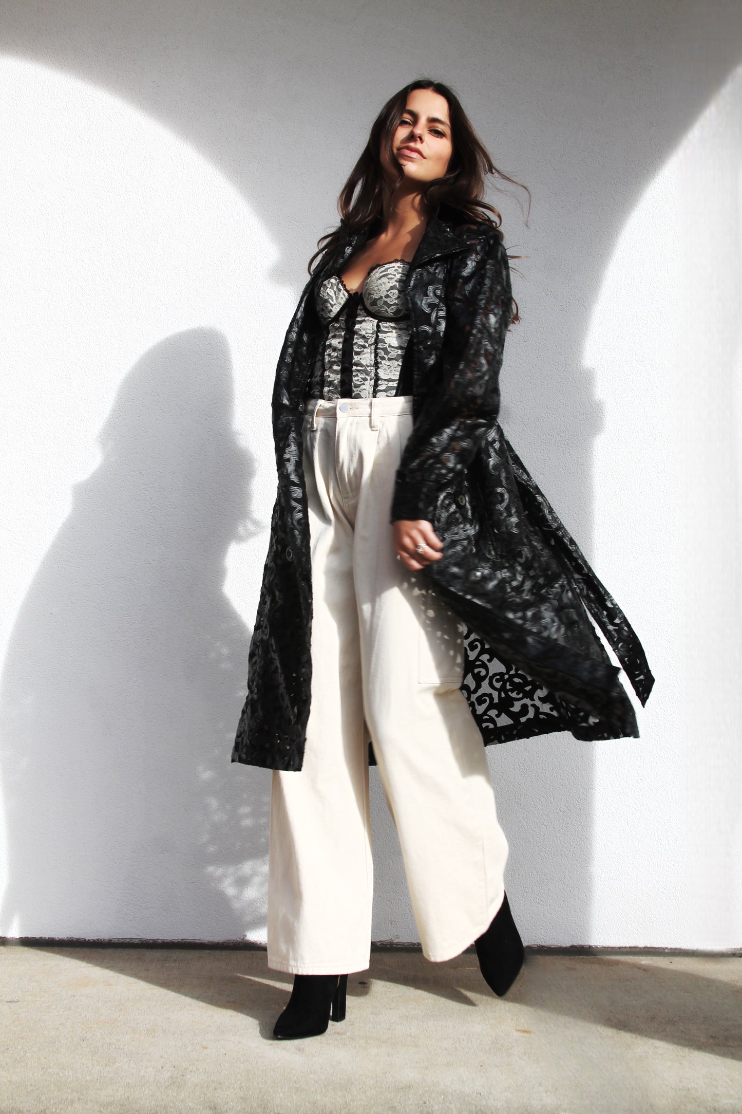 PARK AVENUE sheer dramatic trench coat w/ intricate vegan leather stenciling, small