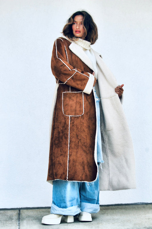 COZY MOMENTS faux suede sheepskin coat, large >> chestnut
