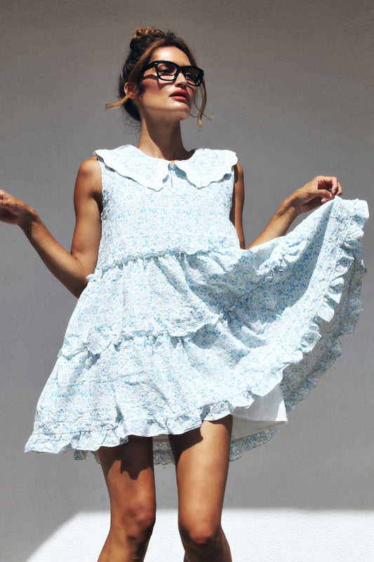 TEA FOR TWO floral + ruffle mini-dress, medium